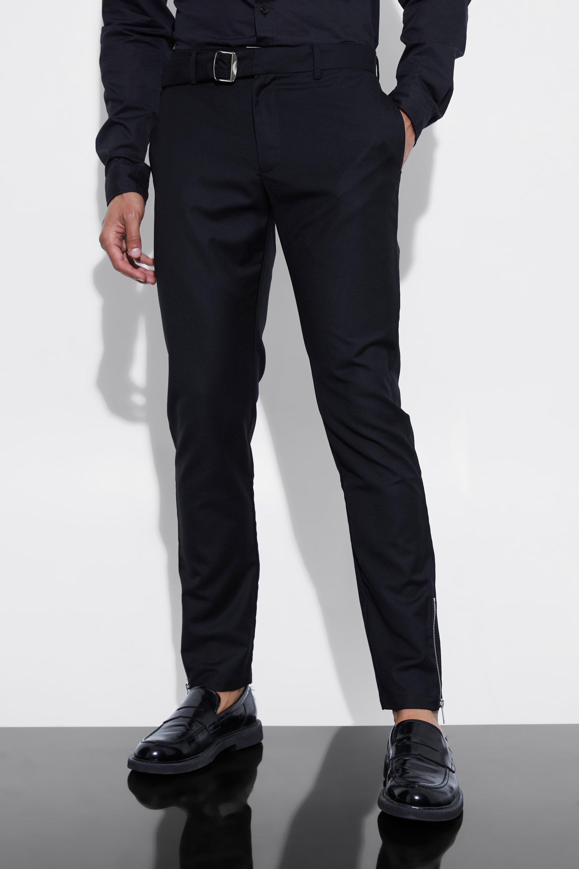 Mens Black Skinny Fit Suit Trouser With Belt Detail, Black