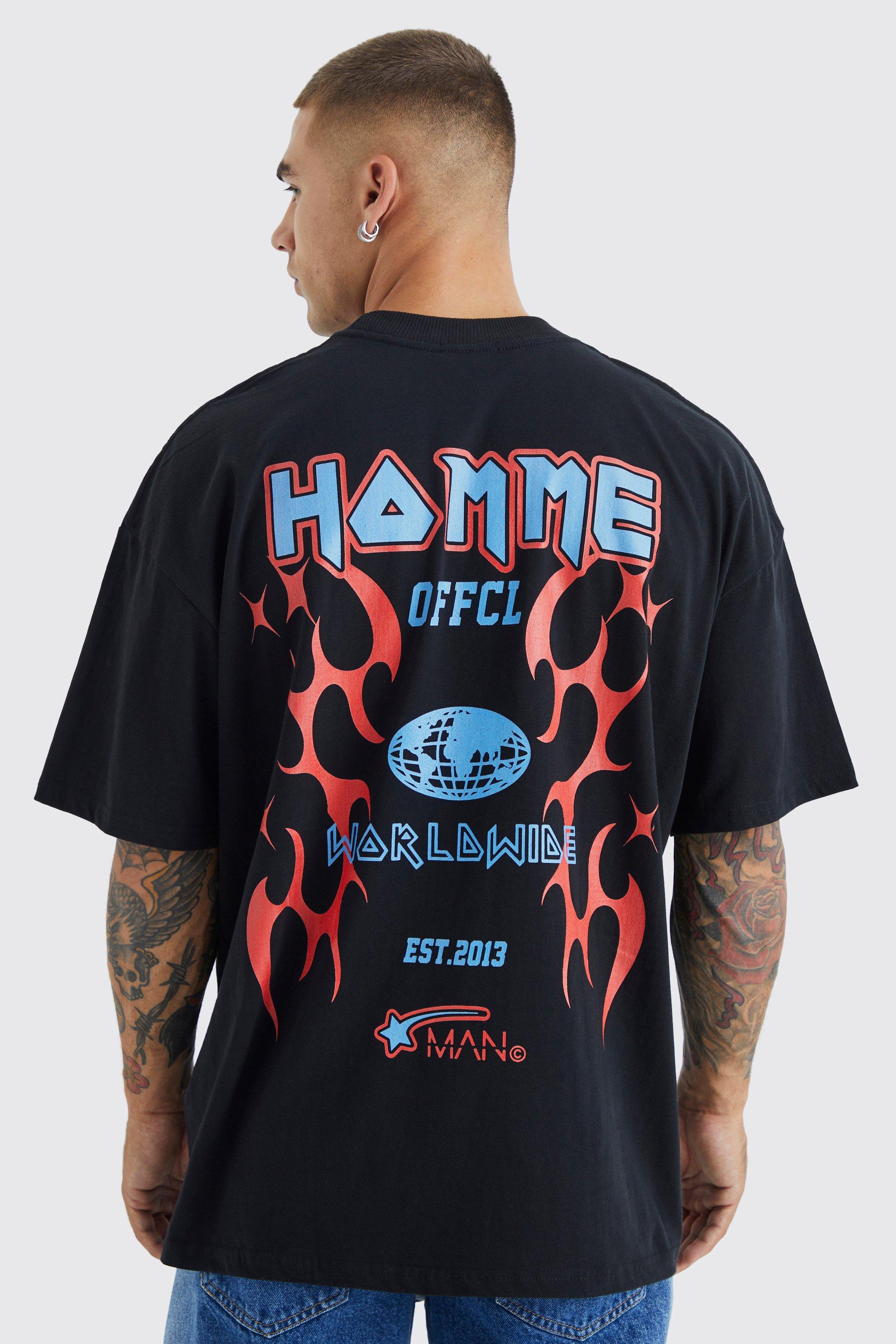 Mens Black Oversized Heavyweight Homme Flames T-shirt, Black
