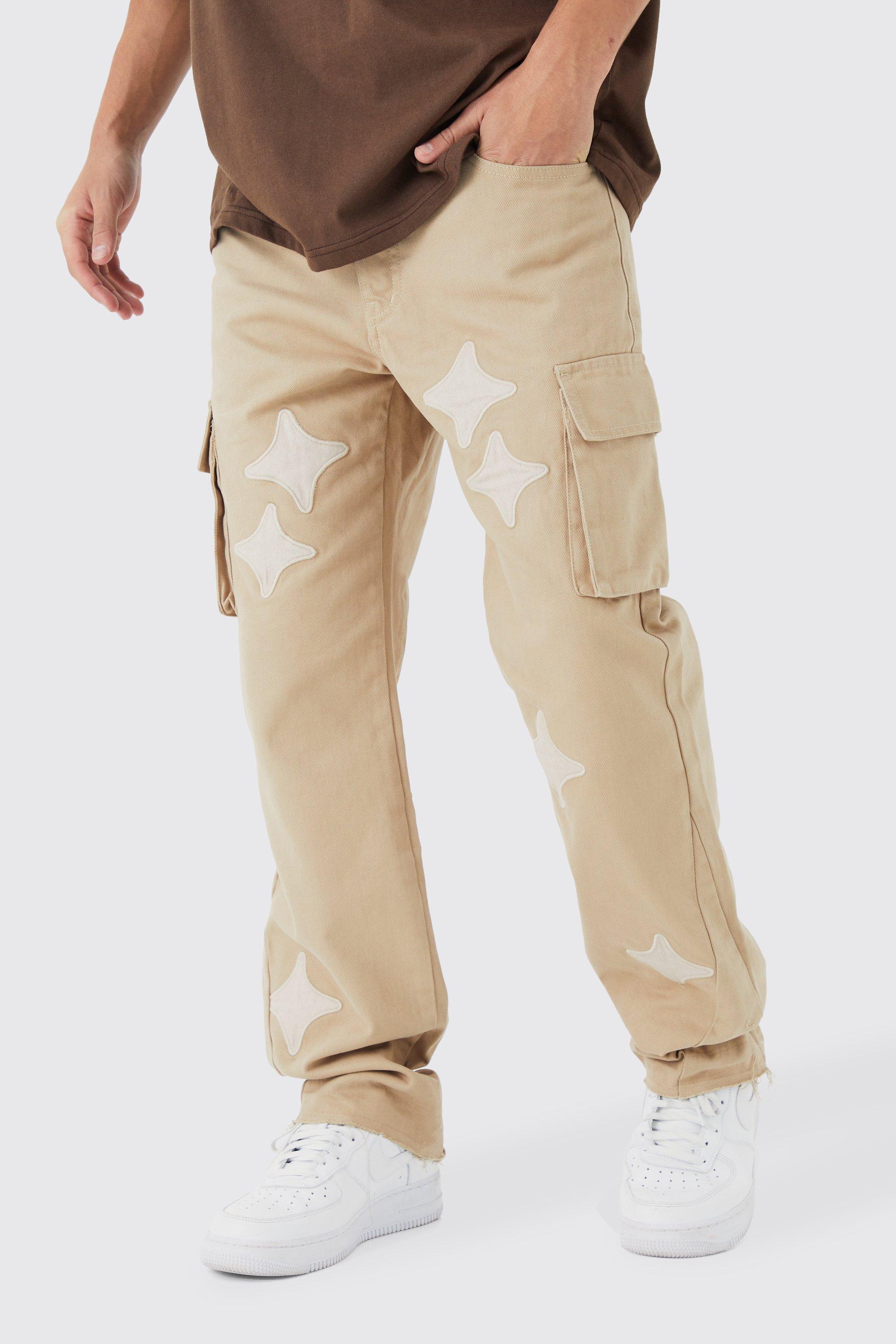 Mens Beige Fixed Waist Relaxed Applique Cargo Gusset Trouser, Beige