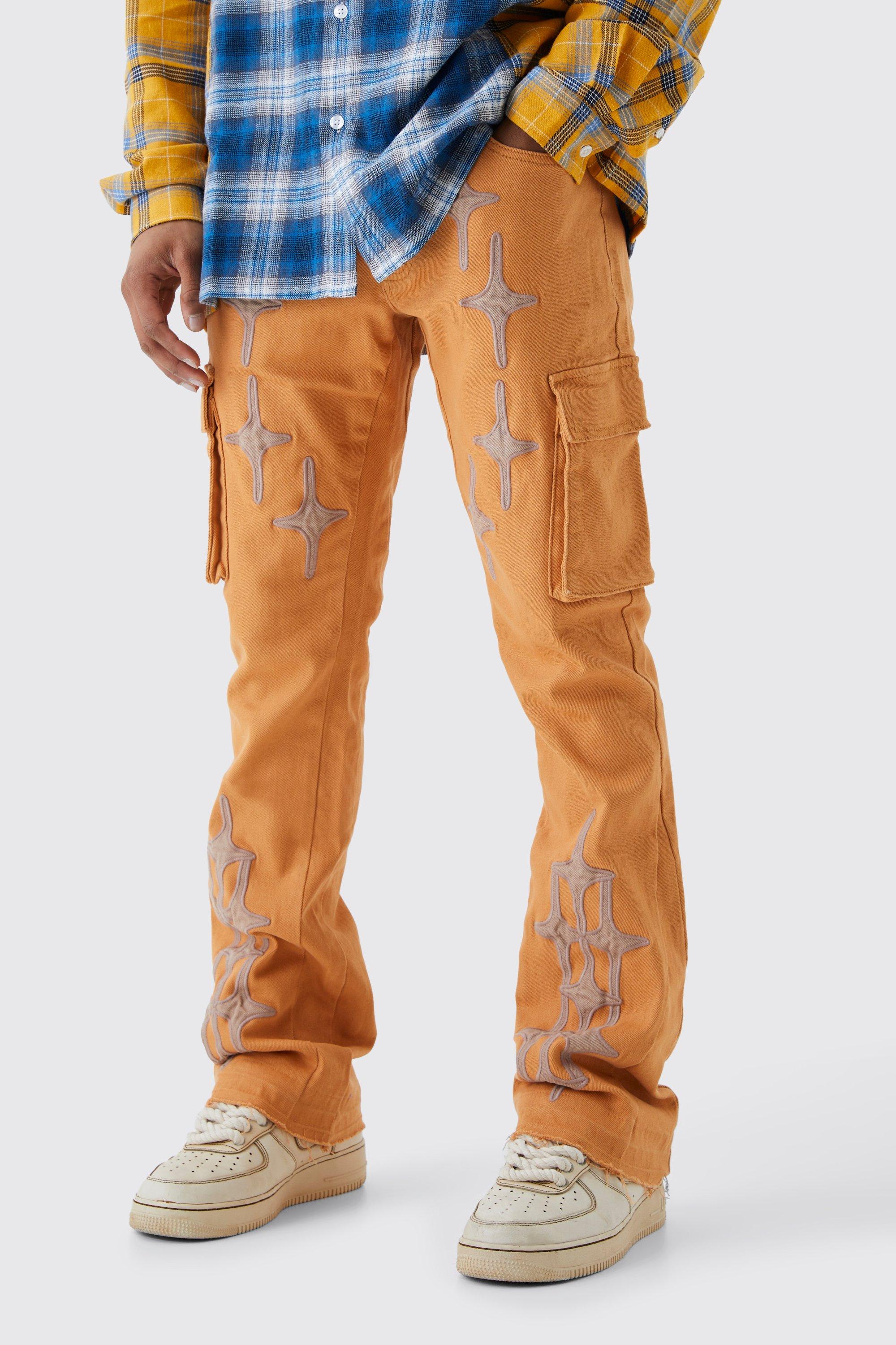 Mens Orange Fixed Waist Skinny Flare Gusset Applique Cargo Trouser, Orange