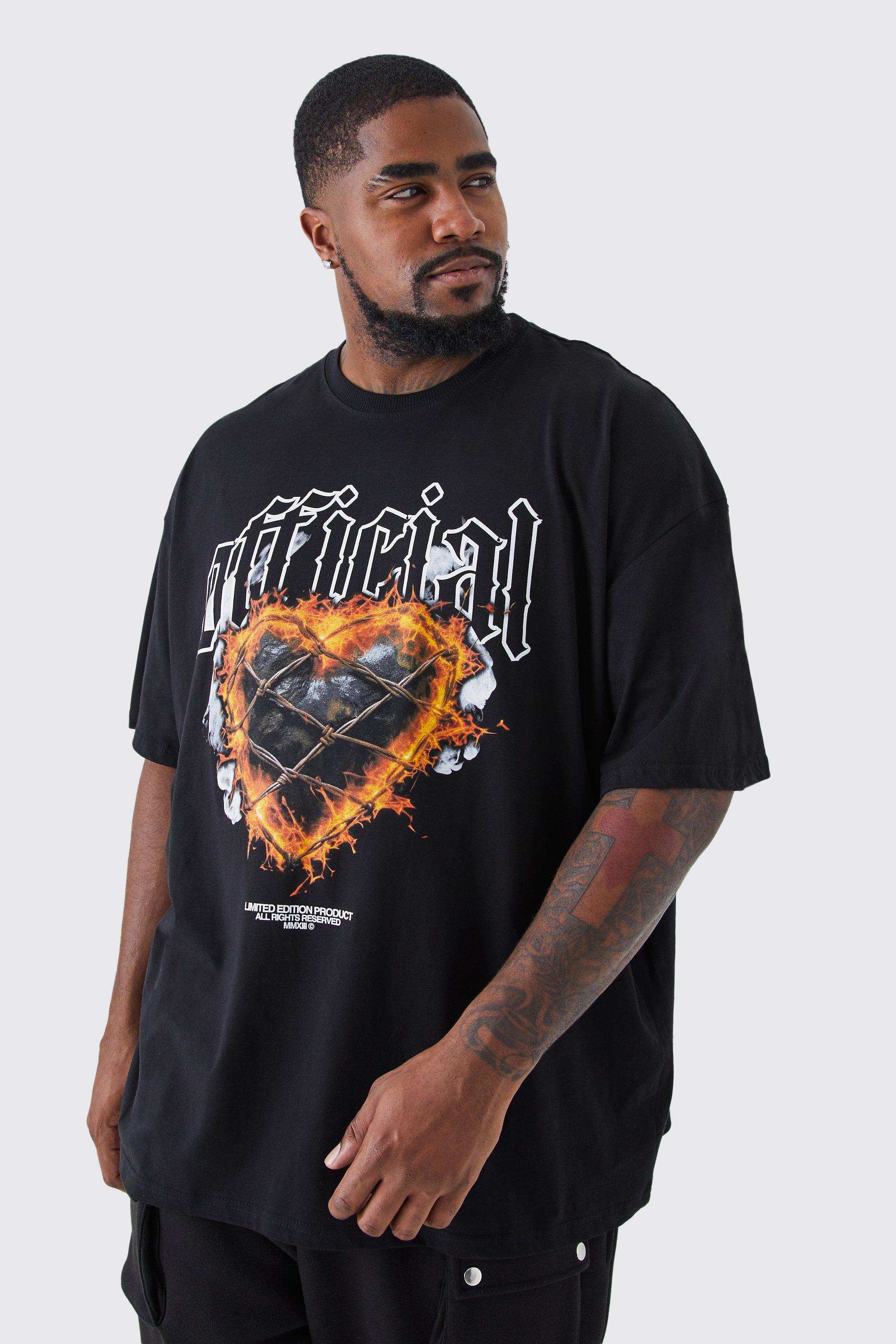 Mens Black Plus Oversized Official Flame Hearts Print T-shirt, Black