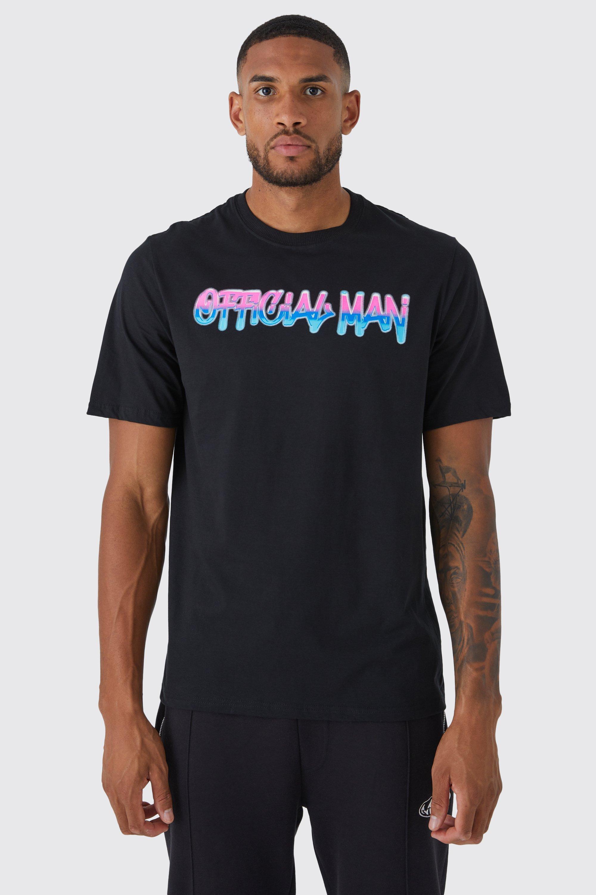 Mens Black Tall Oversized Ombre Official Man Print T-shirt, Black