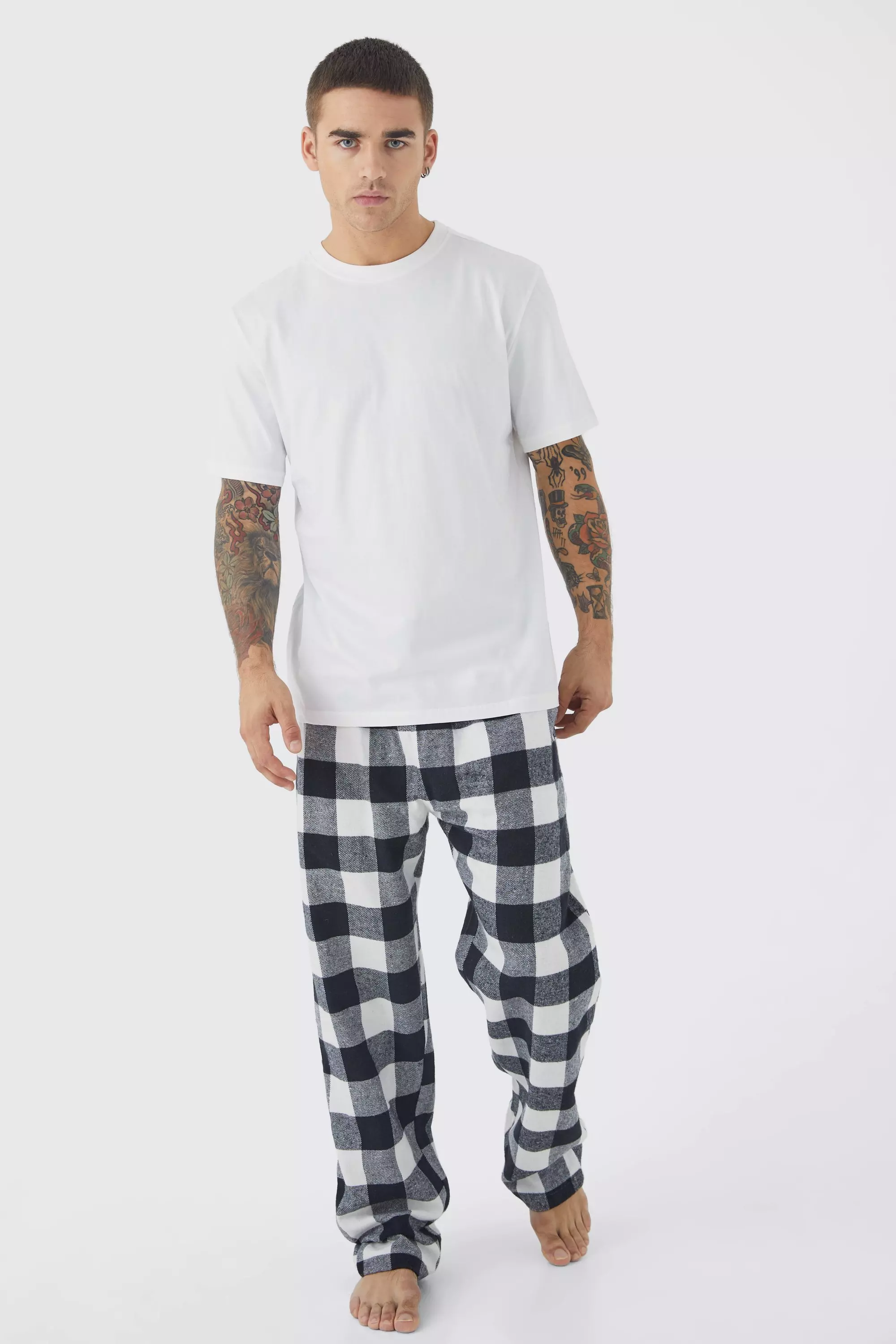 Woven Check Pyjama Bottoms And T shirt Set boohooMAN UK