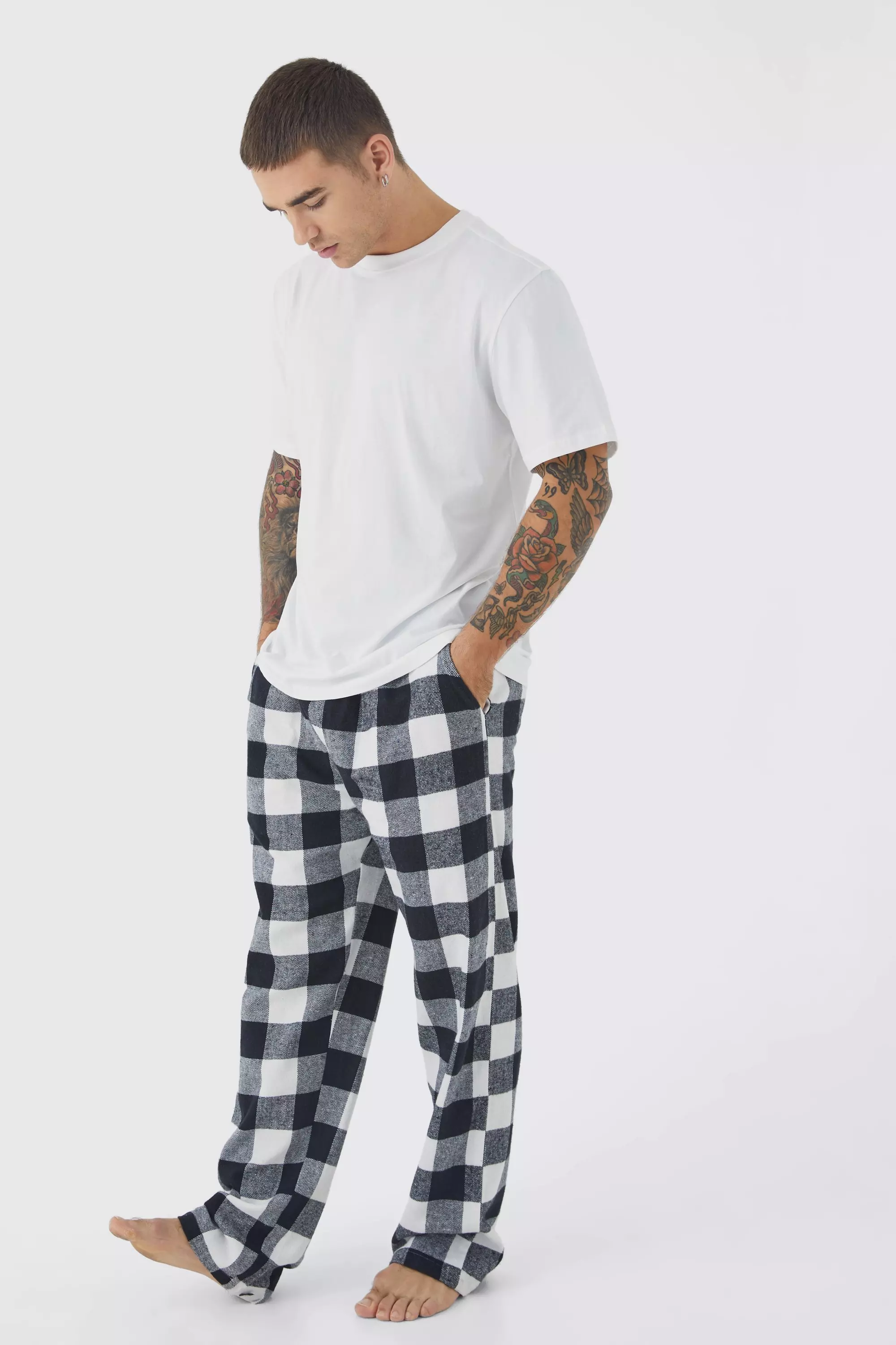 Woven Check Pyjama Bottoms And T shirt Set boohooMAN UK