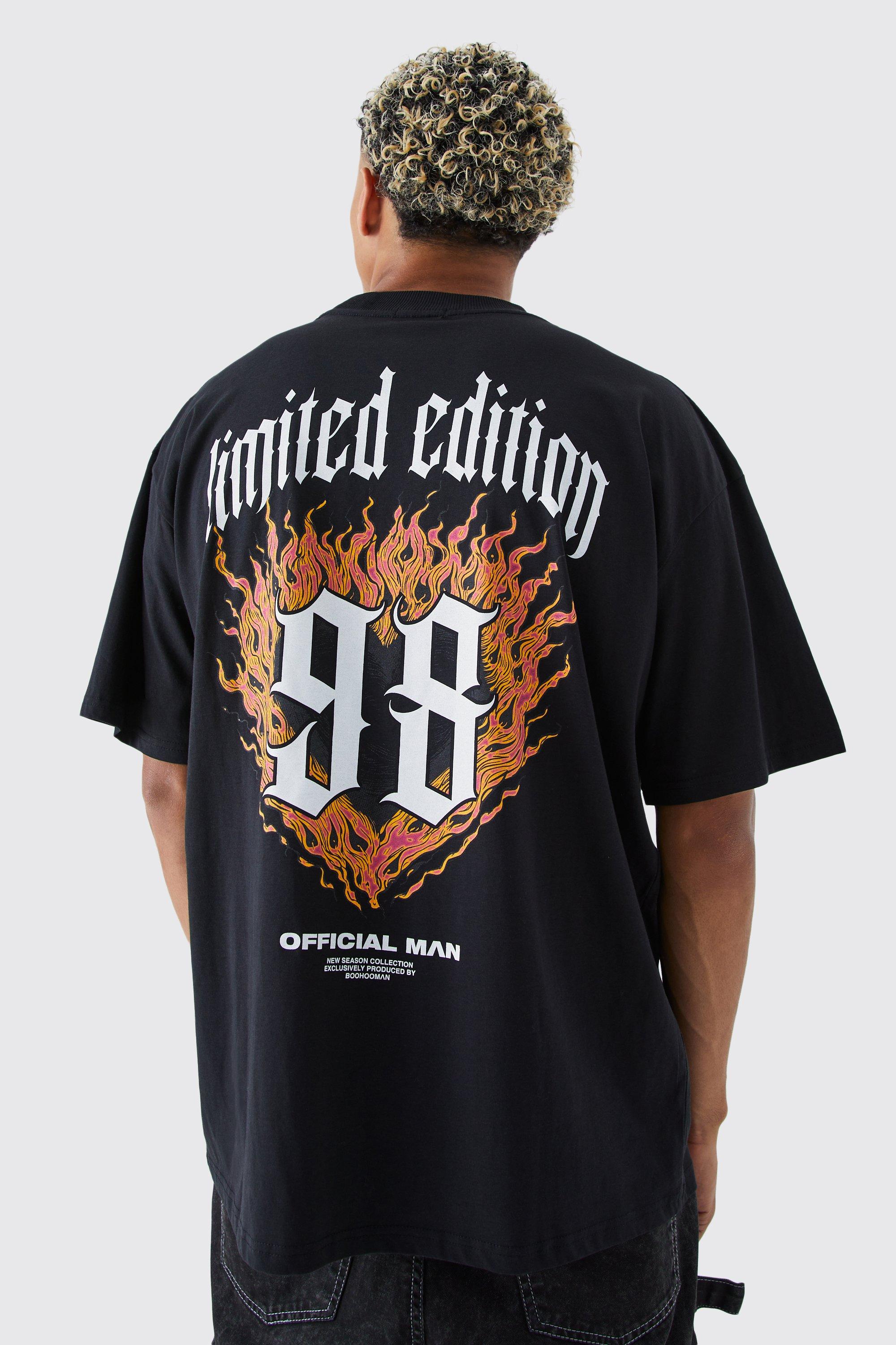 Mens Black Tall Oversized Limited Edition Flames T-shirt, Black