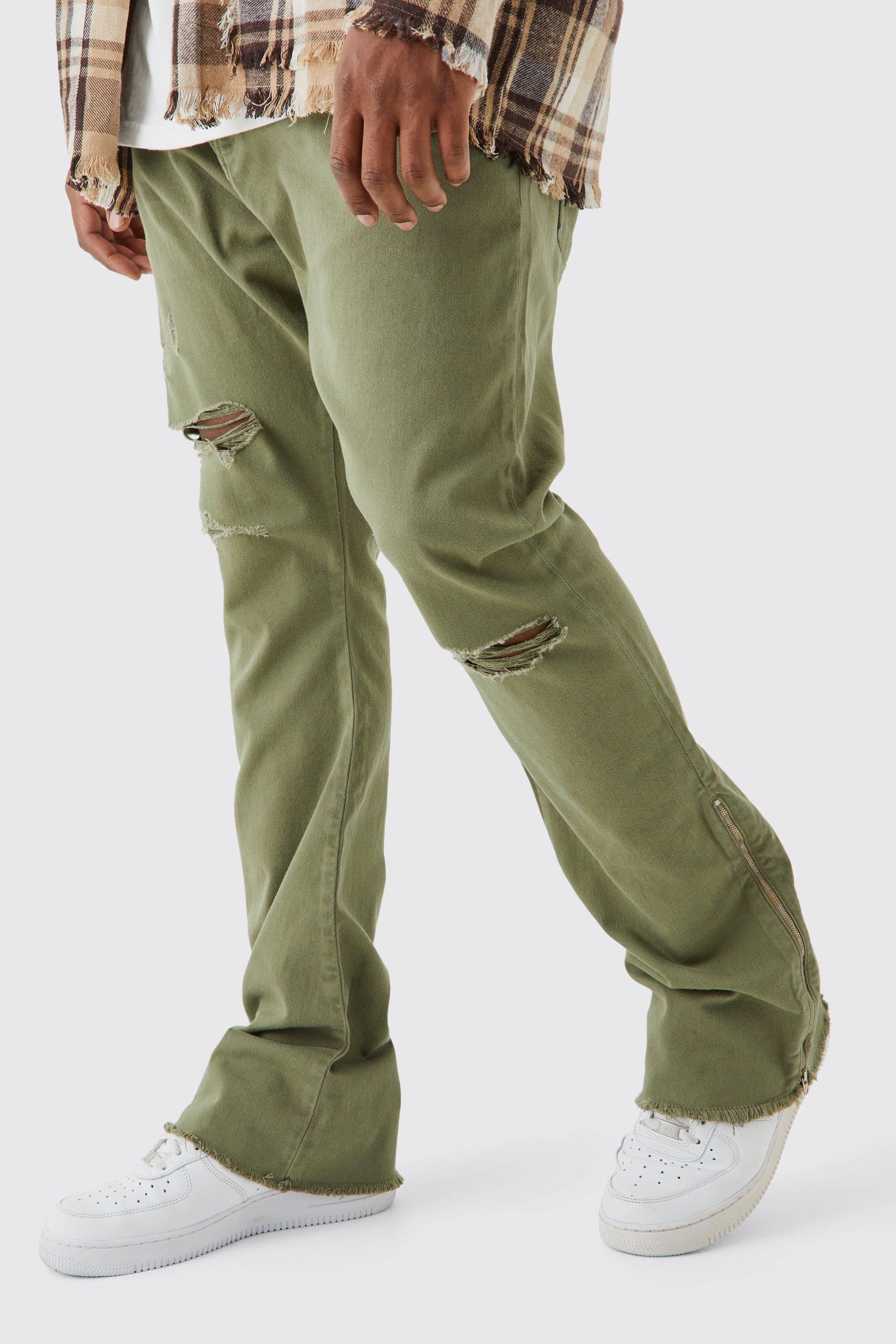 Mens Green Plus Fixed Waist Rip And Repair Zip Gusset Trouser, Green