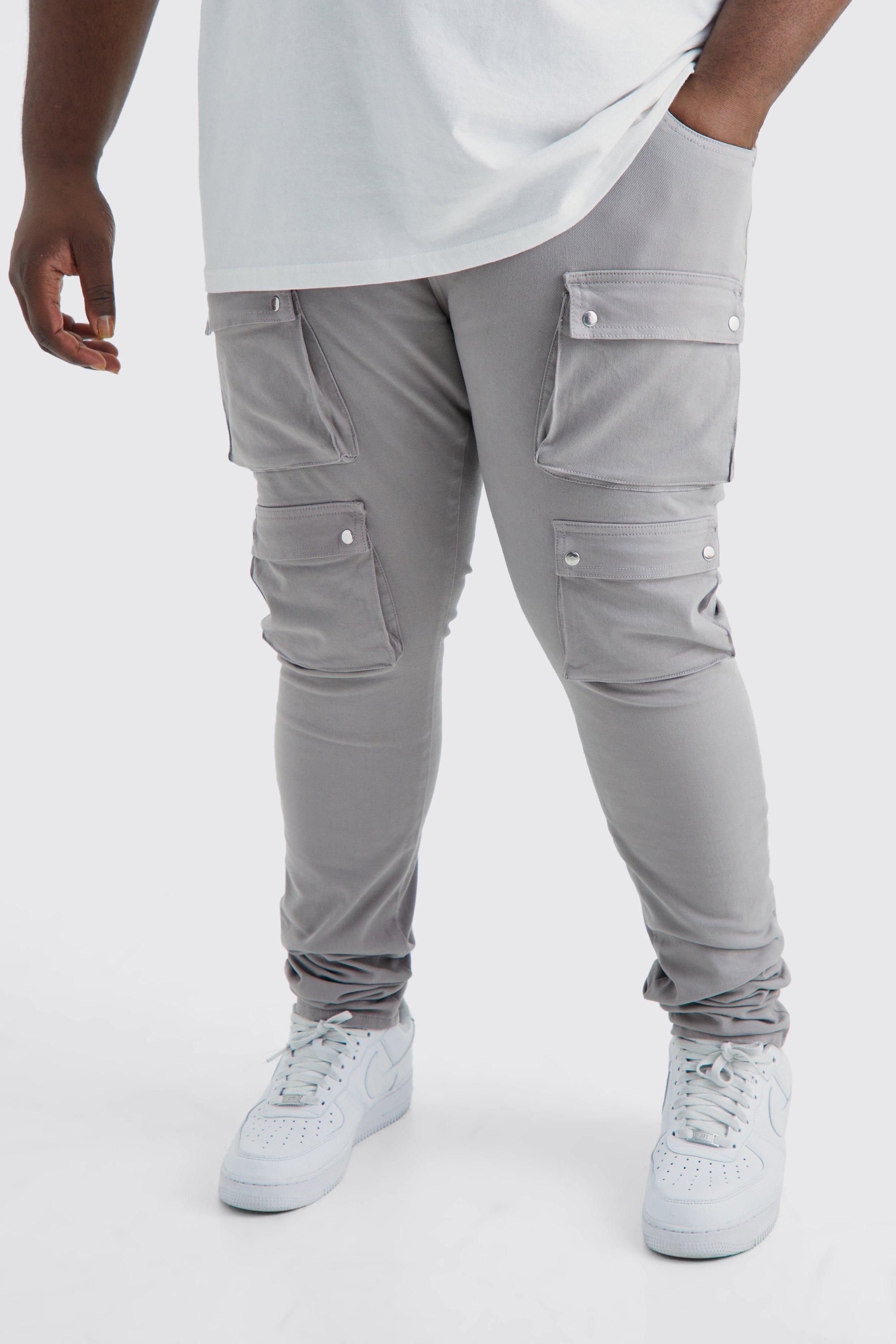 Mens Grey Plus Fixed Waist Skinny Multi Cargo Pocket Trouser, Grey