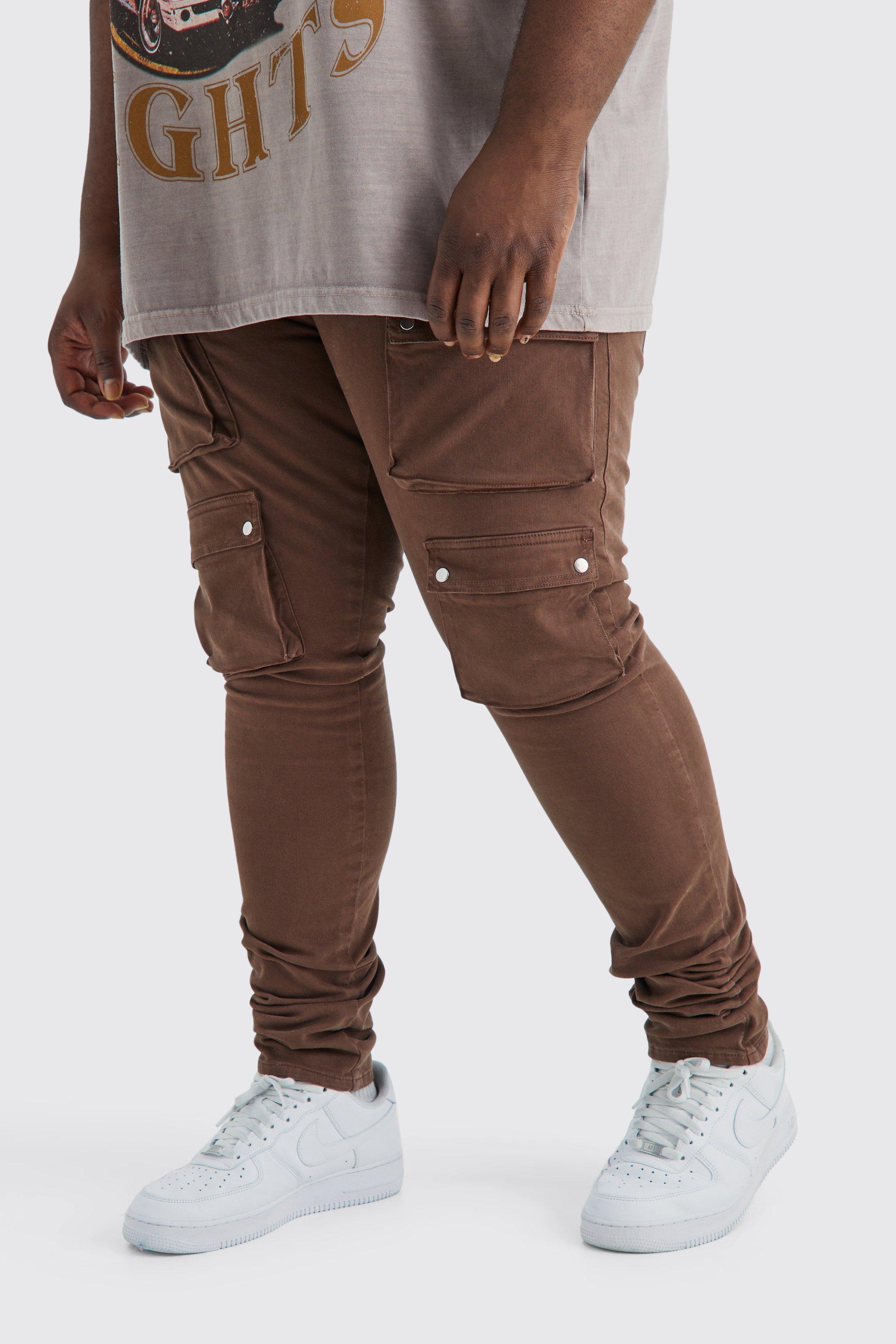 Mens Brown Plus Fixed Waist Skinny Multi Cargo Pocket Trouser, Brown