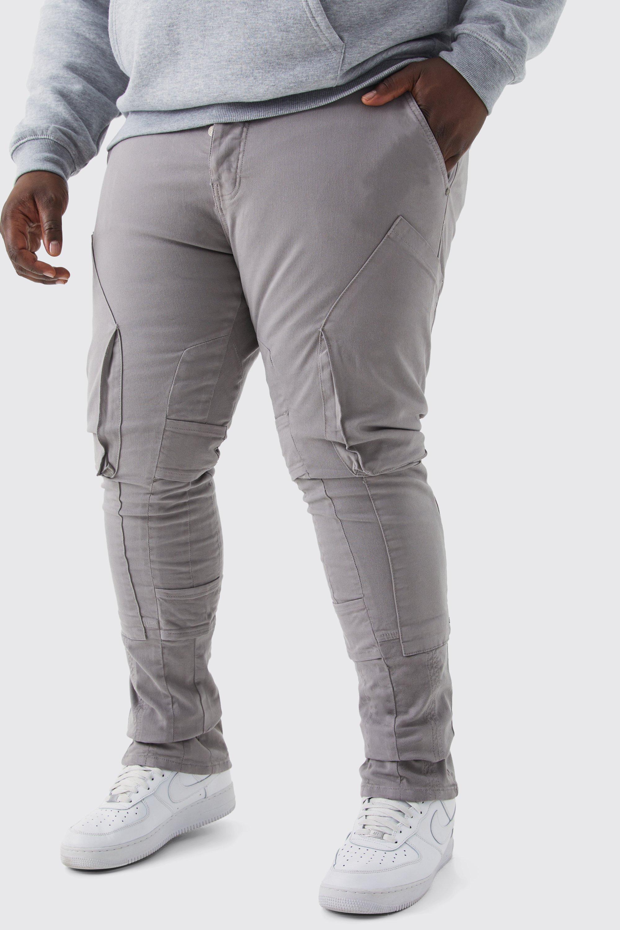 Mens Grey Plus Fixed Waist Skinny Stacked Gusset Strap Cargo Trouser, Grey