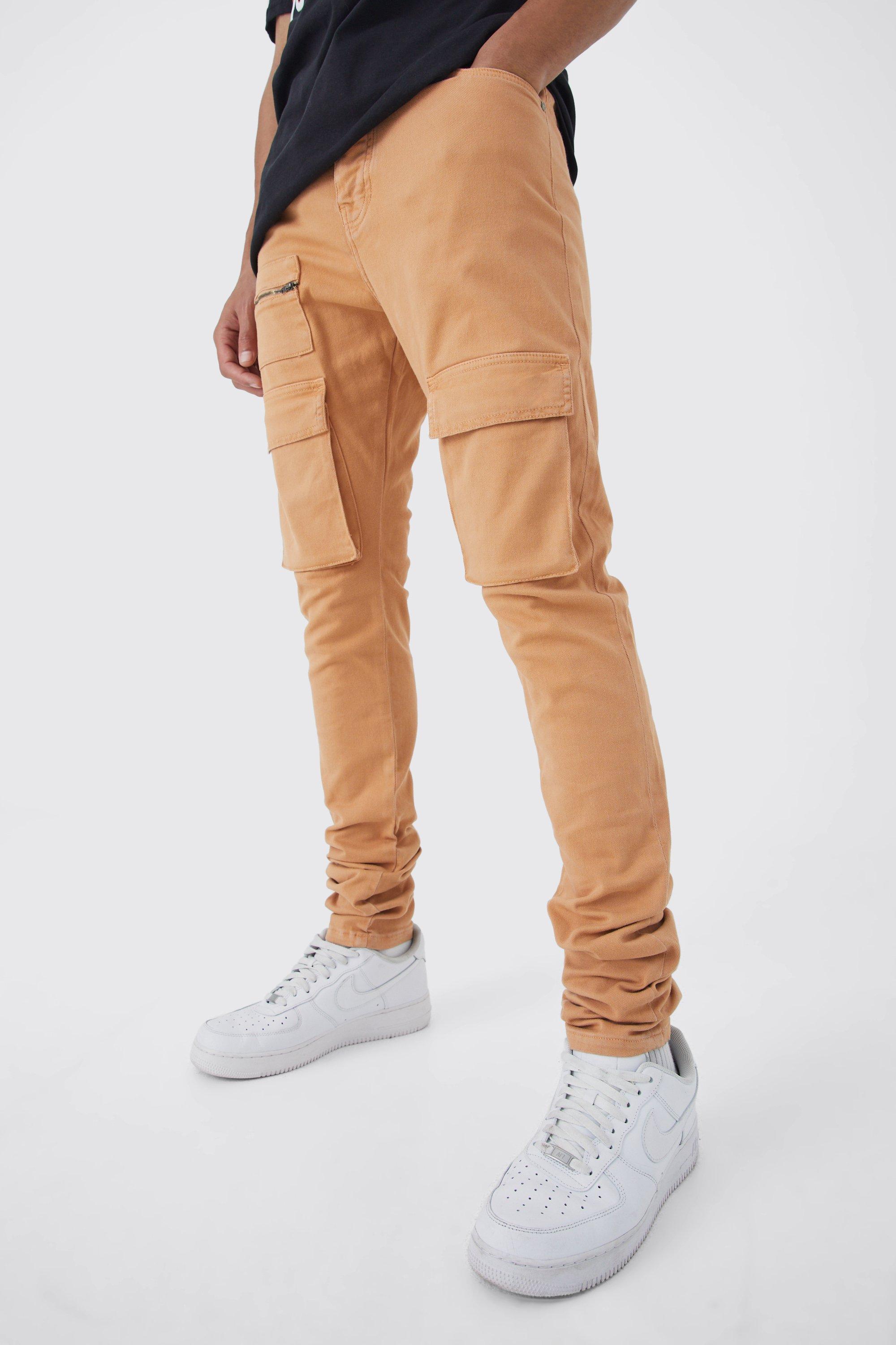 Image of Pantaloni Cargo Tall Skinny Fit con vita fissa, pieghe sul fondo e zip, Arancio