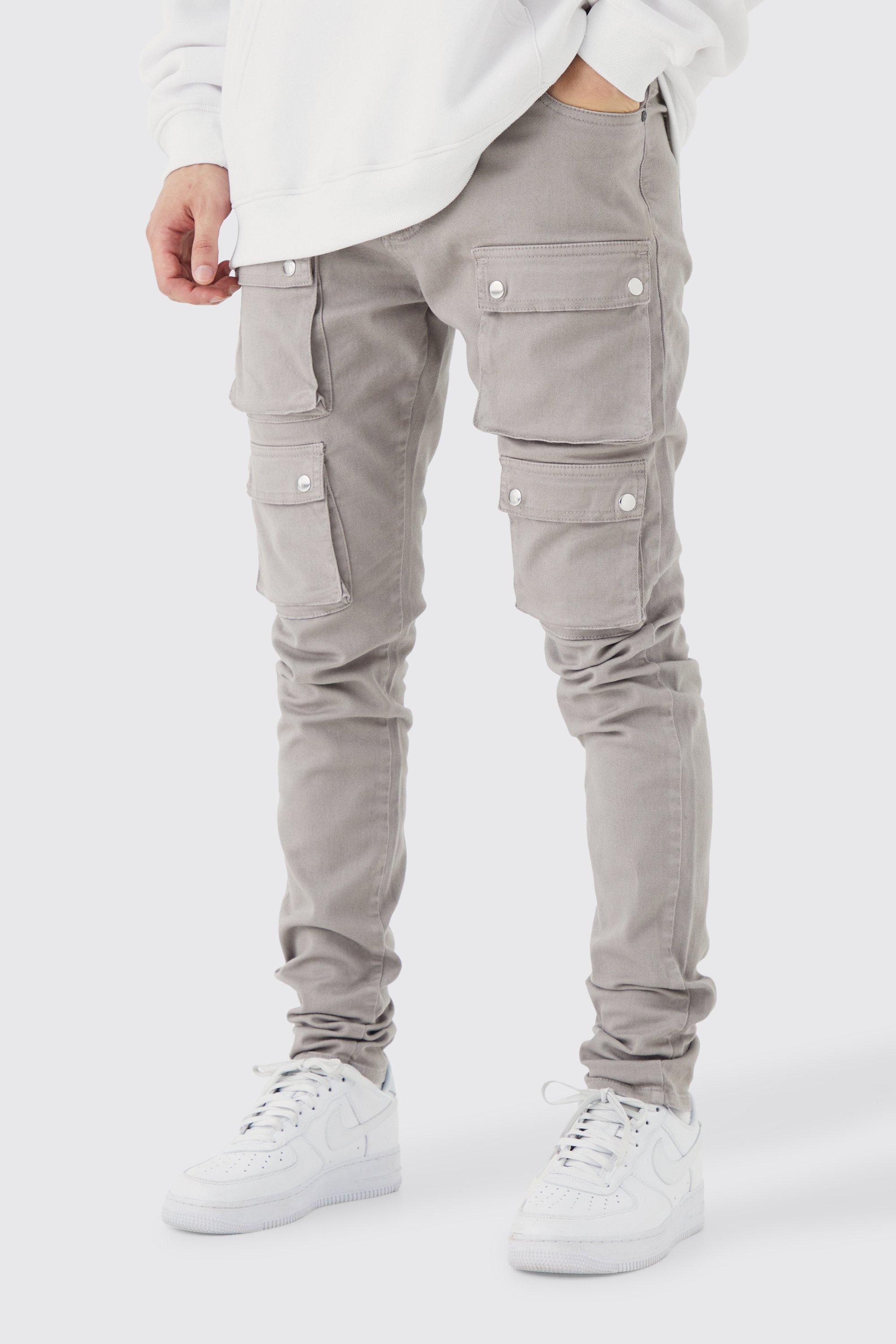 Mens Grey Tall Fixed Waist Skinny Multi Cargo Pocket Trouser, Grey