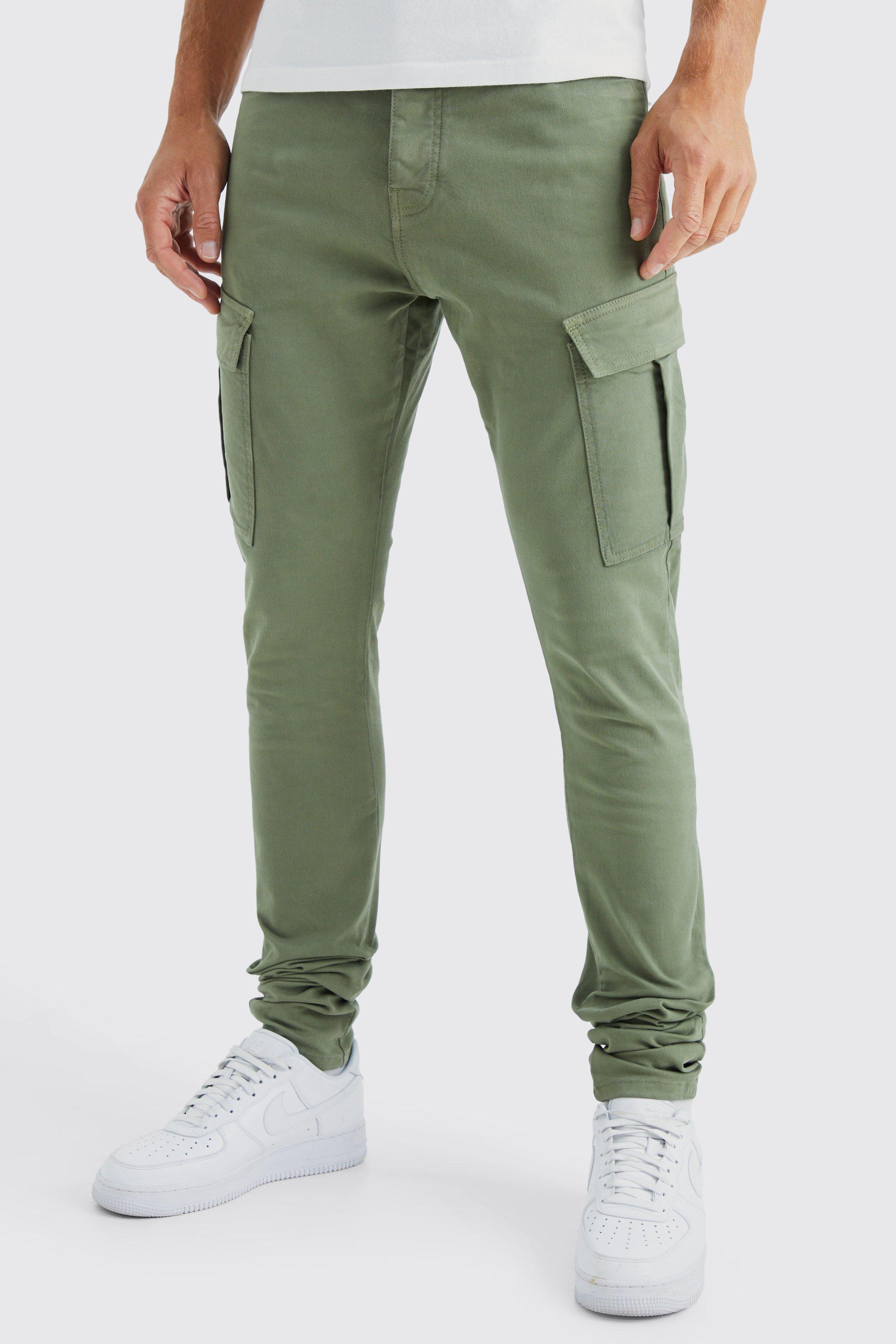 Mens Green Tall Fixed Waist Skinny Stacked Cargo Trouser, Green