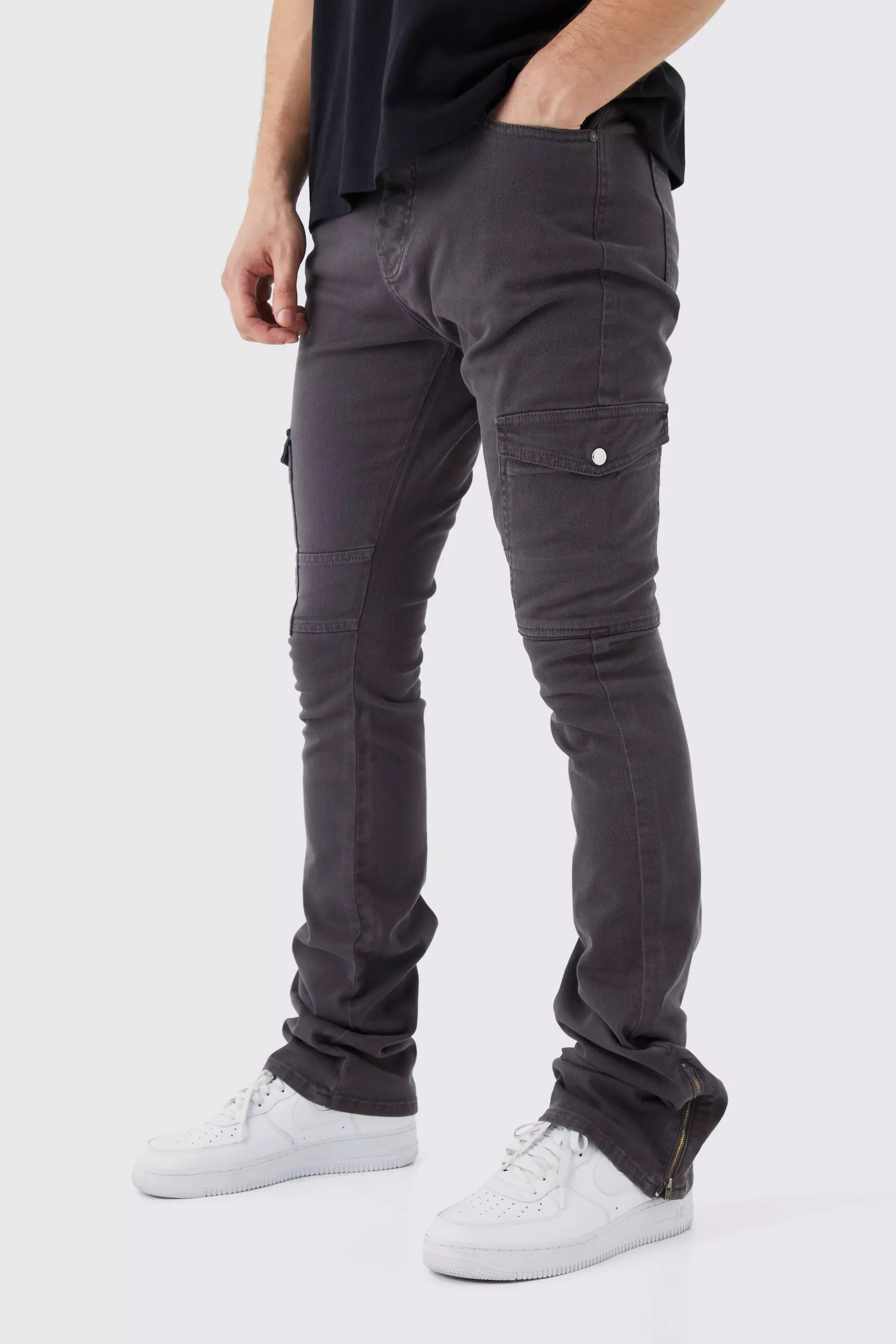 Elastic Waist Slim Flare Contrast Stitch Cargo Trouser