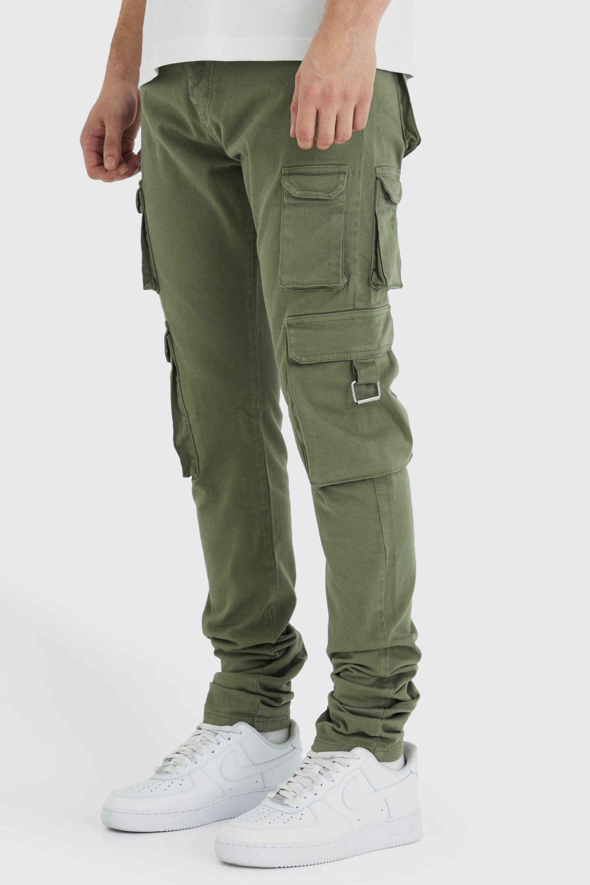 Mens Green Tall Fixed Waist Skinny Stacked Multi Cargo Trouser, Green