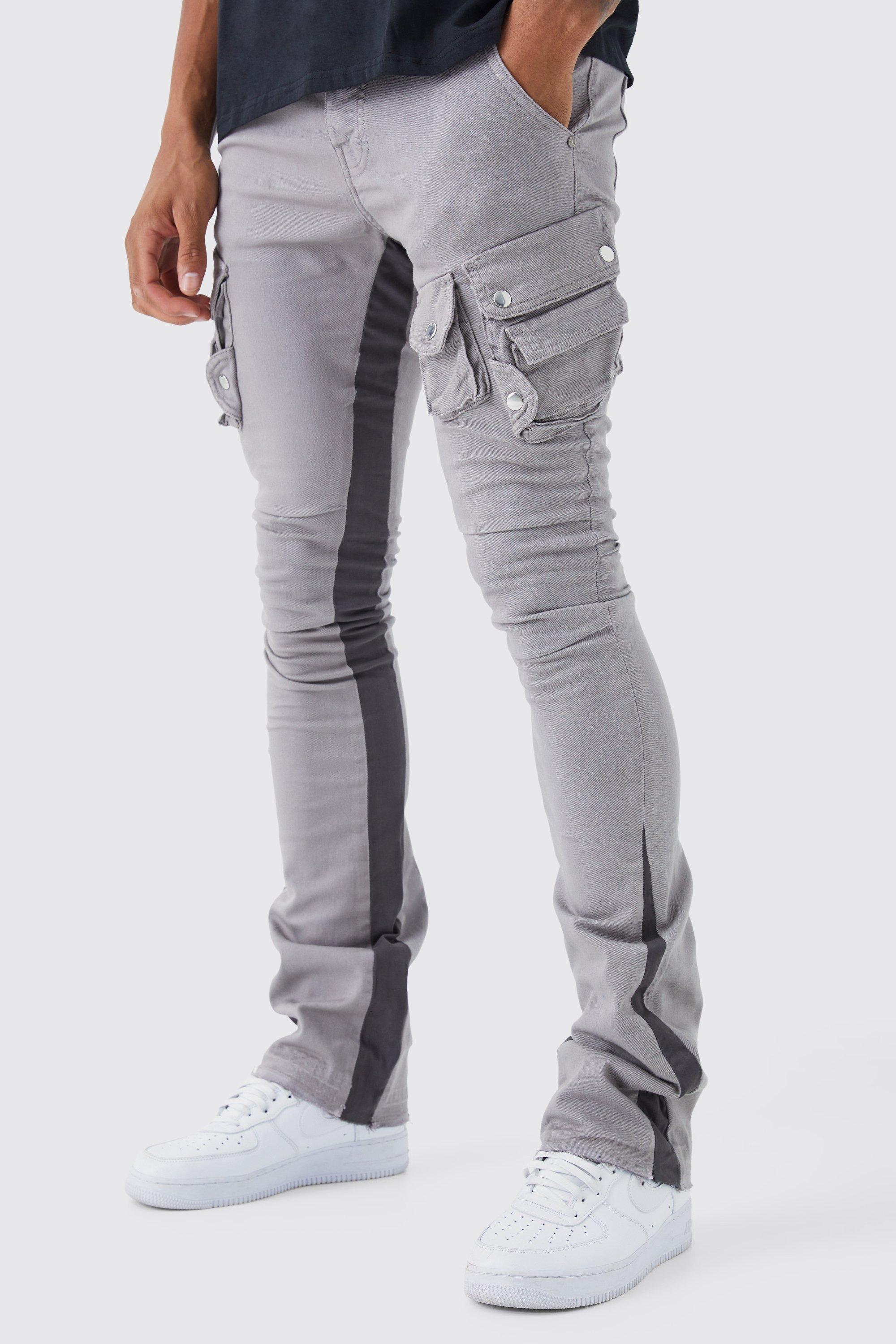 Mens Grey Tall Fixed Waist Skinny Stacked Flare 3d Cargo Trouser, Grey