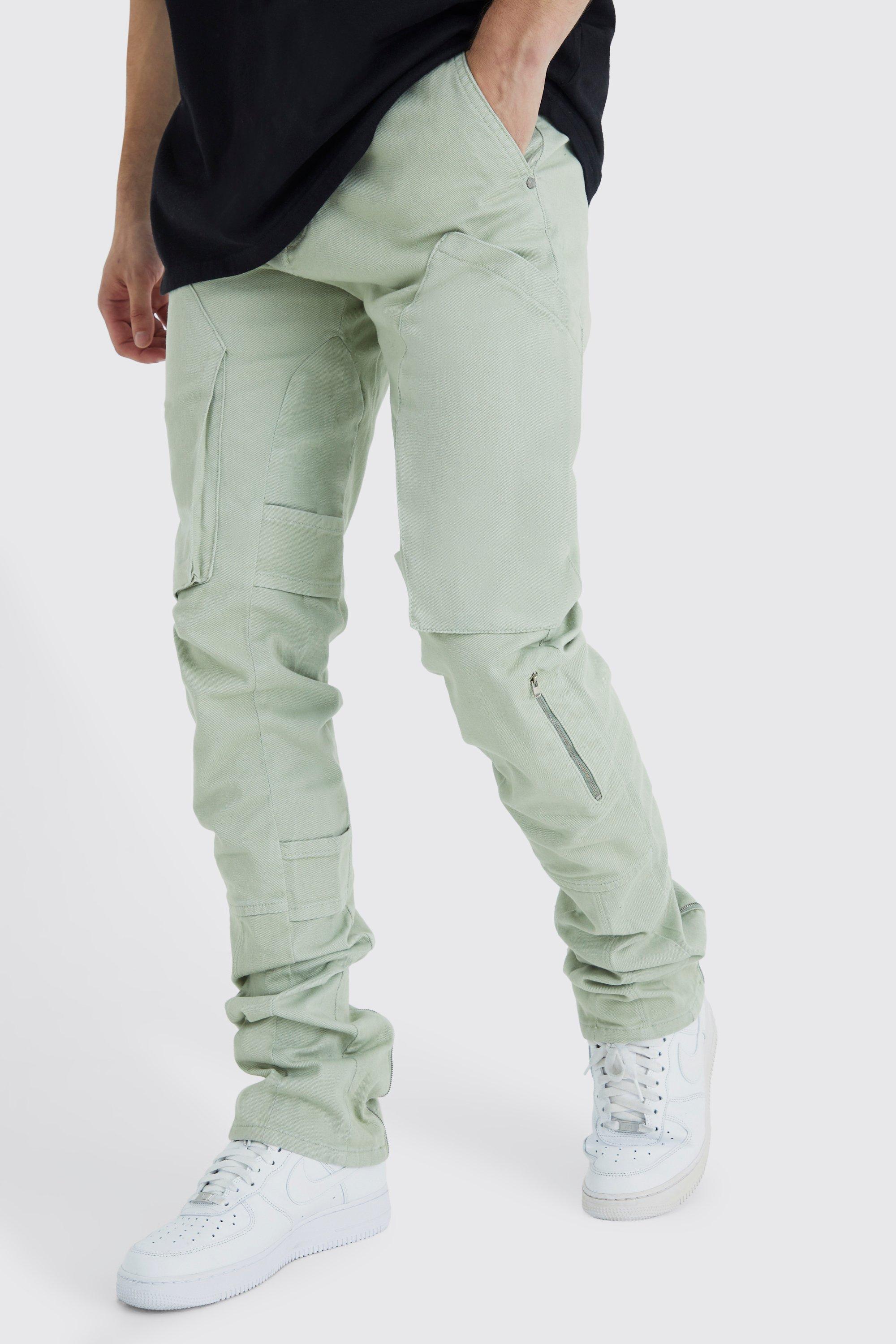 Mens Green Tall Fixed Waist Skinny Stacked Gusset Strap Cargo Trouser, Green