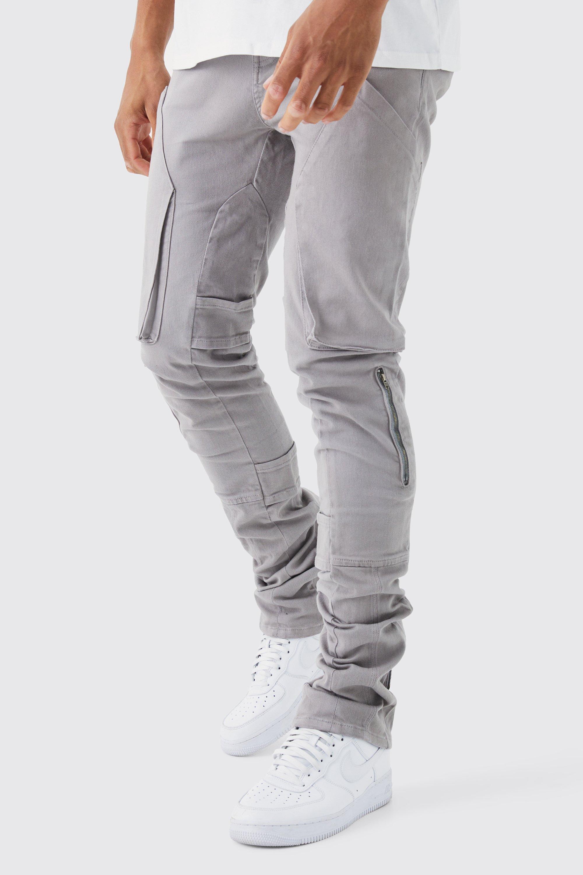 Mens Grey Tall Fixed Waist Skinny Stacked Gusset Strap Cargo Trouser, Grey