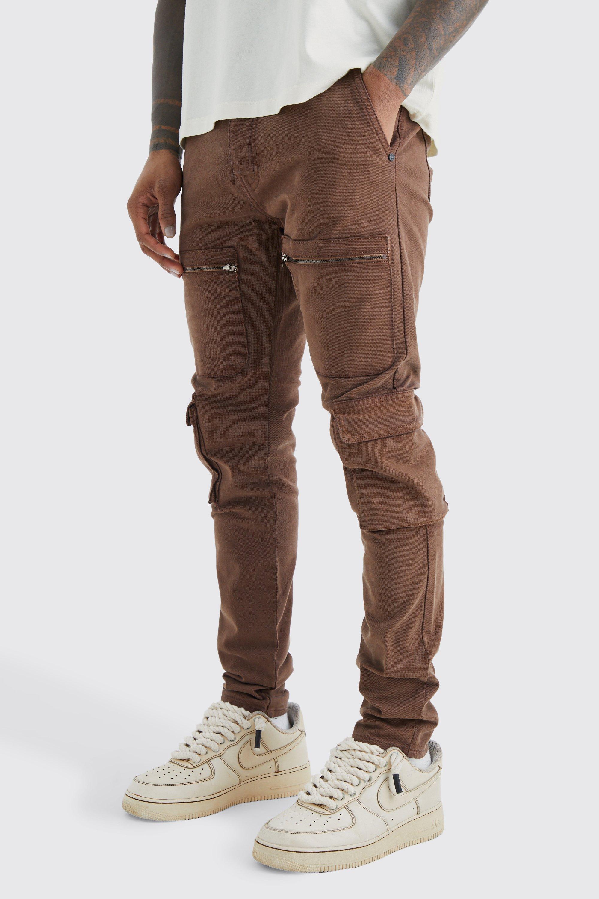 Boohoo Skinny Fit Cargo Broek Met Rits En Tailleband, Chocolate