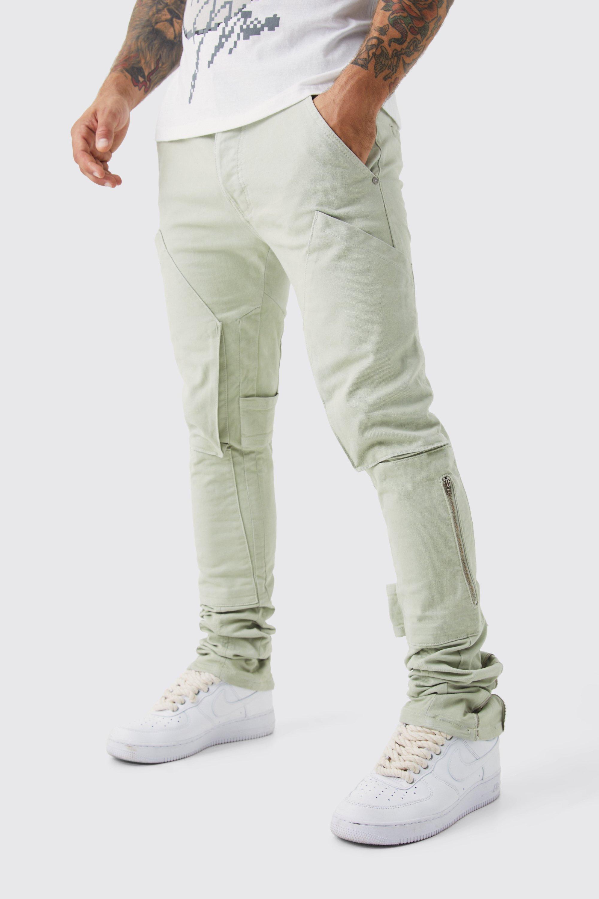 Mens Green Fixed Waist Skinny Stacked Gusset Strap Cargo Trouser, Green