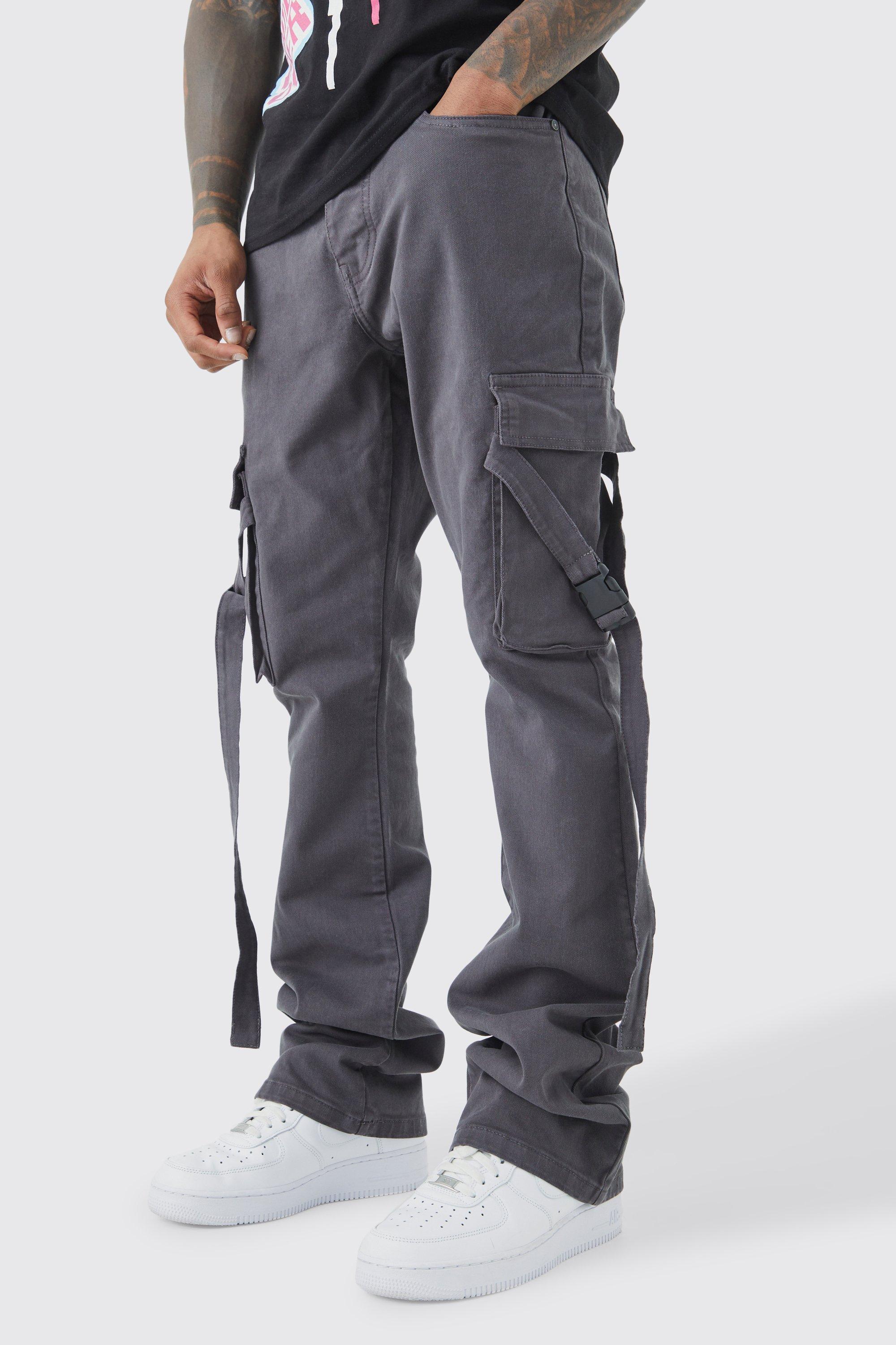 Image of Pantaloni Cargo Slim Fit con vita fissa, pieghe sul fondo e spalline svasate, Grigio