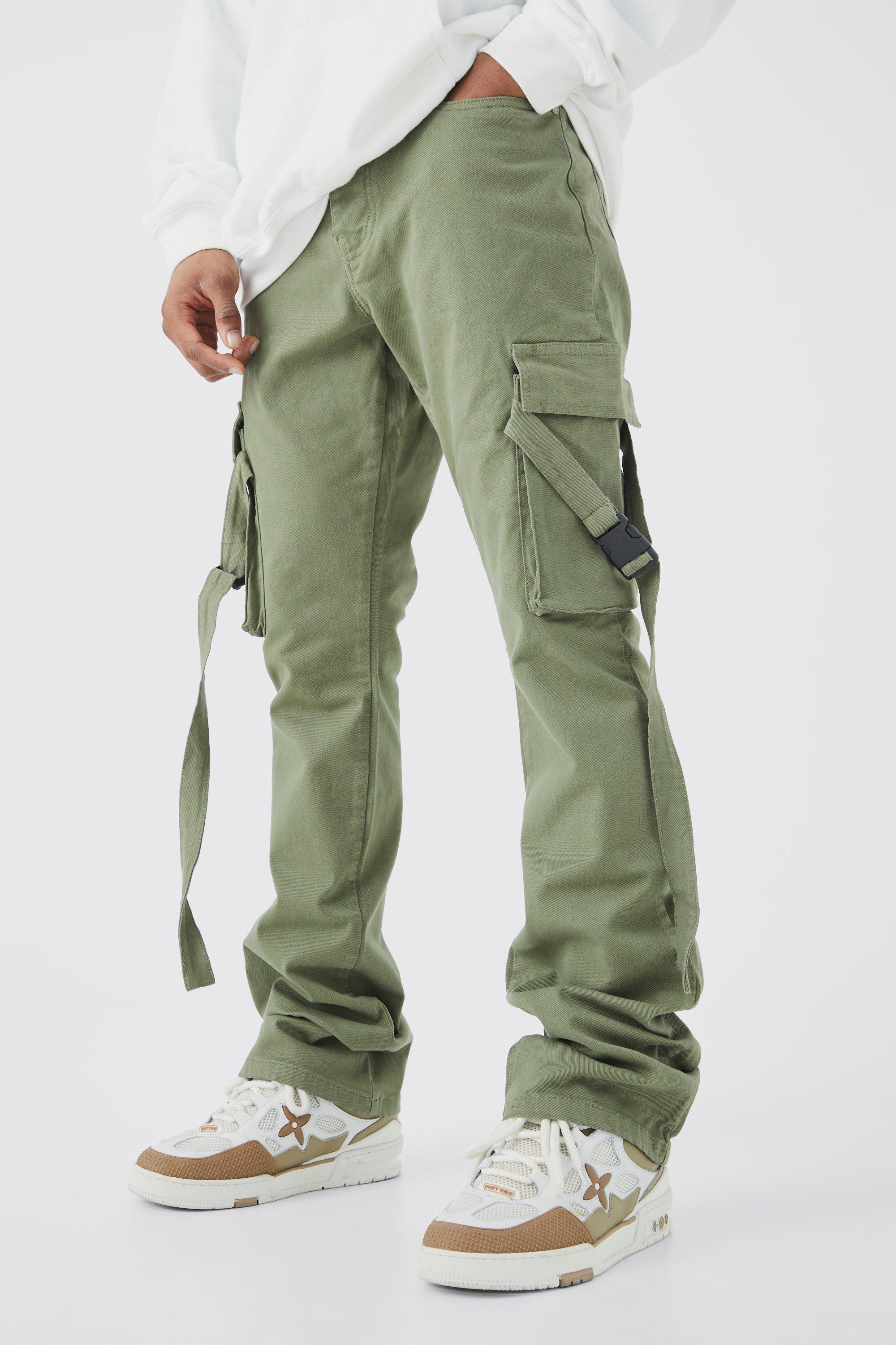 Mens Green Fixed Waist Slim Stacked Flare Strap Cargo Trouser, Green