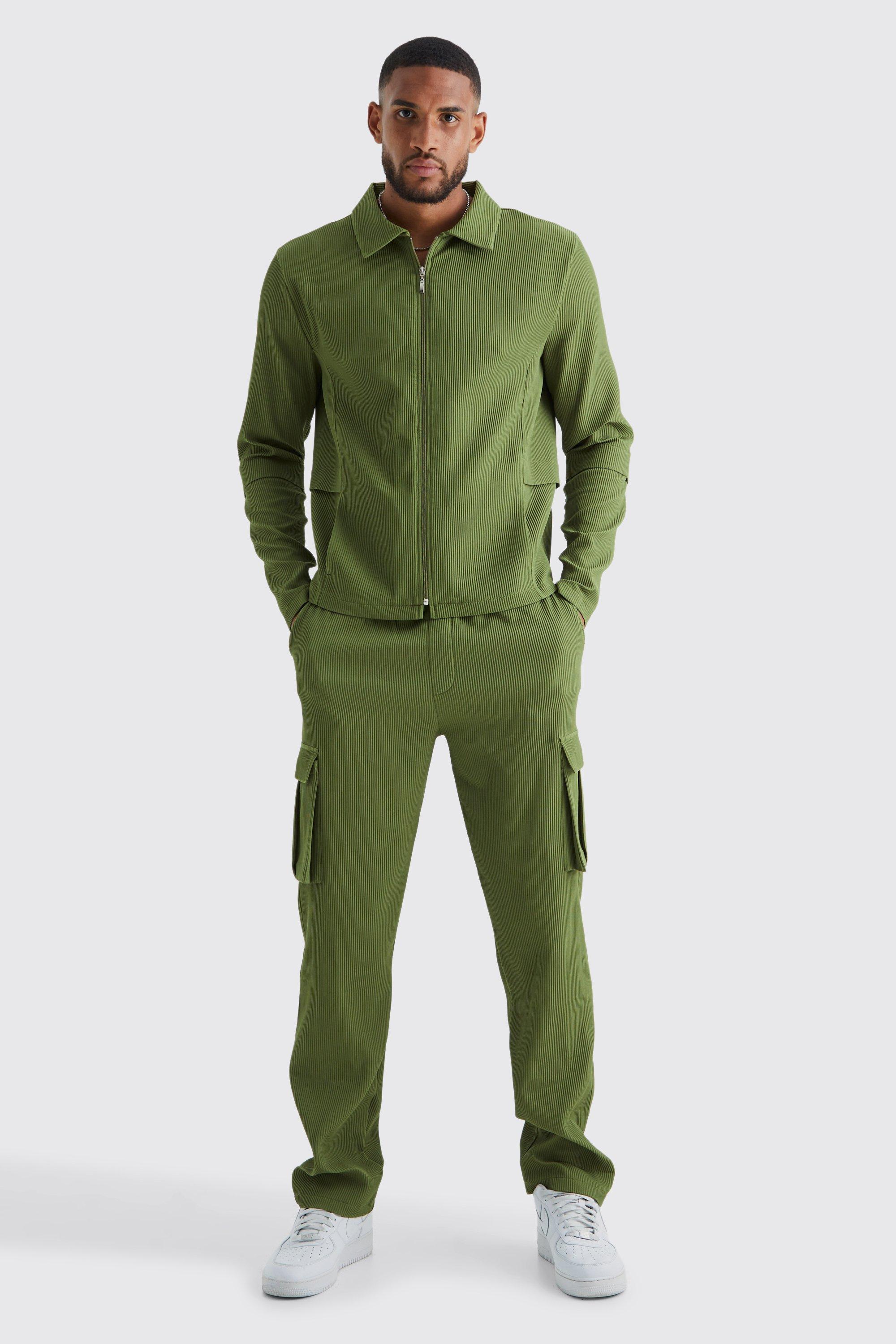 Mens Green Tall Pleated Zip Shirt & Elasticated Straight Cargo Set, Green