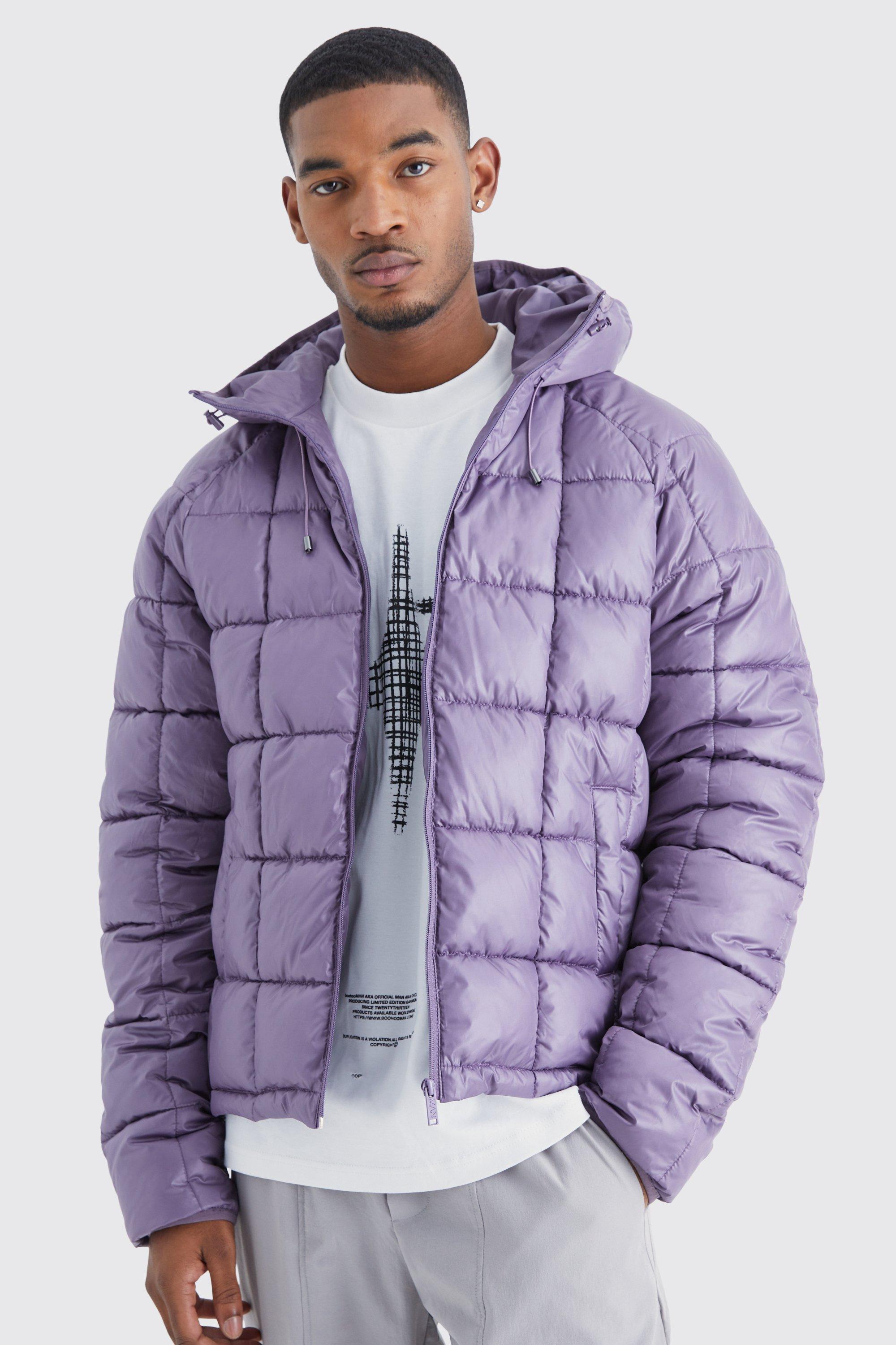 Mens Purple Tall Boxy Square Quilted Puffer With Hood, Purple
