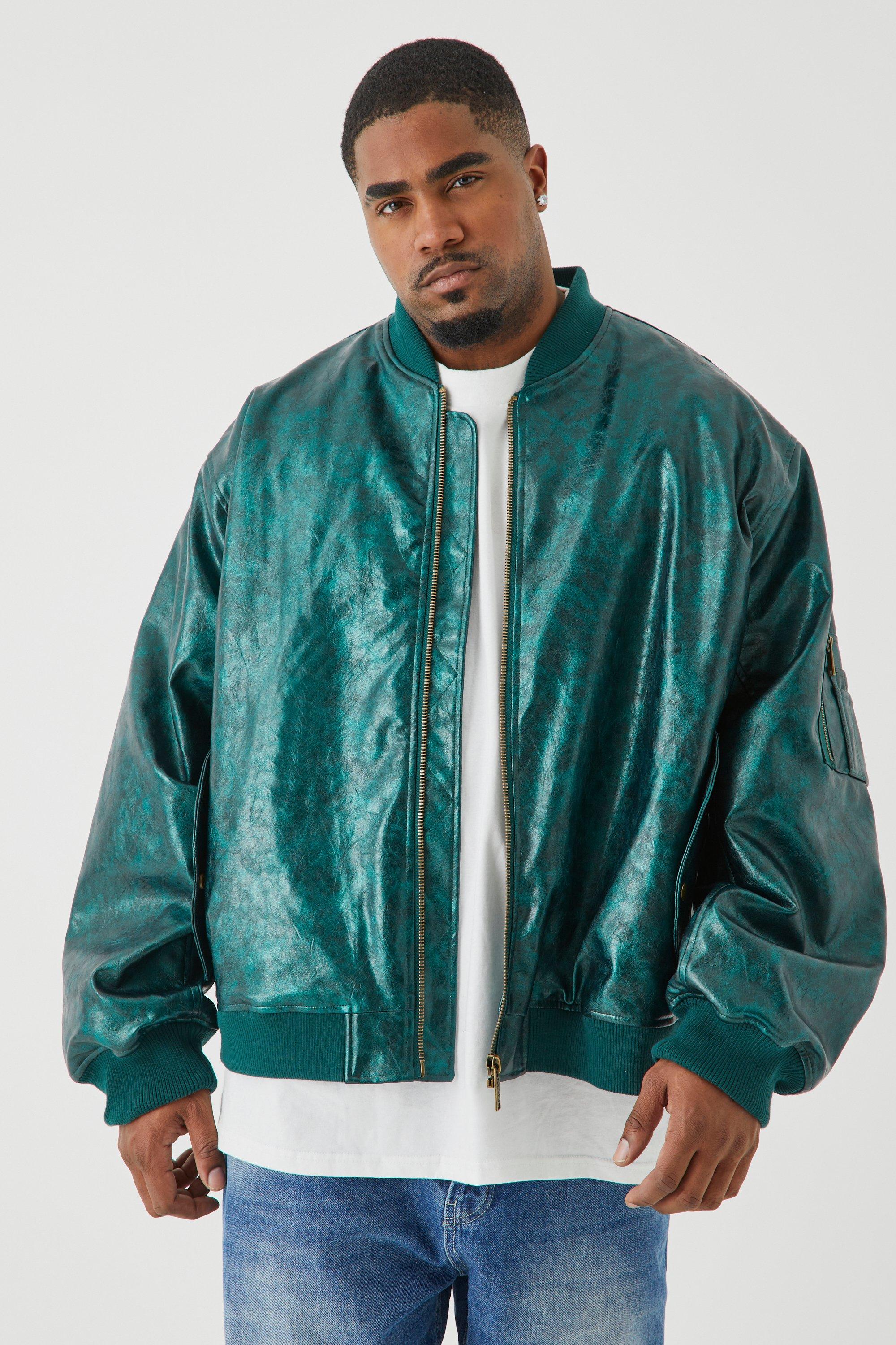 Mens Green Plus High Shine Pu Bomber With Embroidery, Green