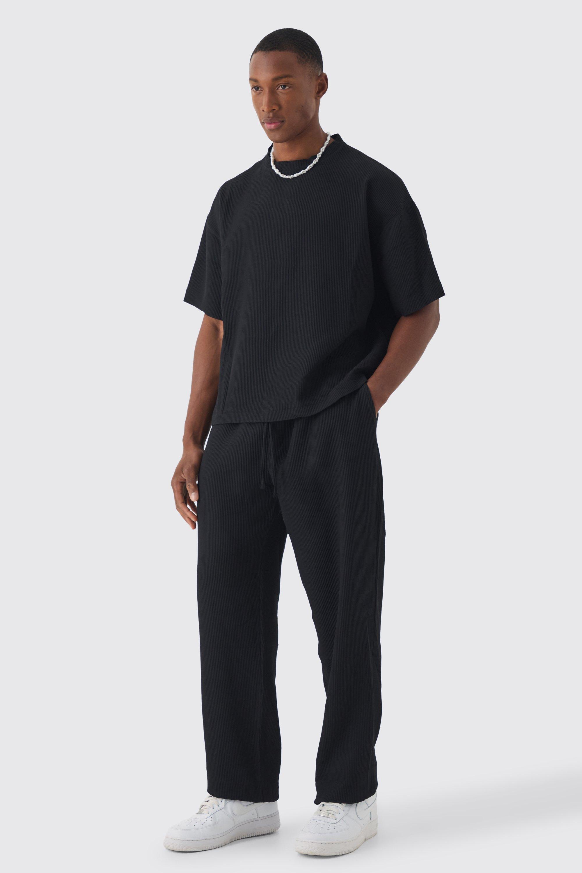 Mens Black Pleated Oversized Boxy T-shirt & Trouser, Black