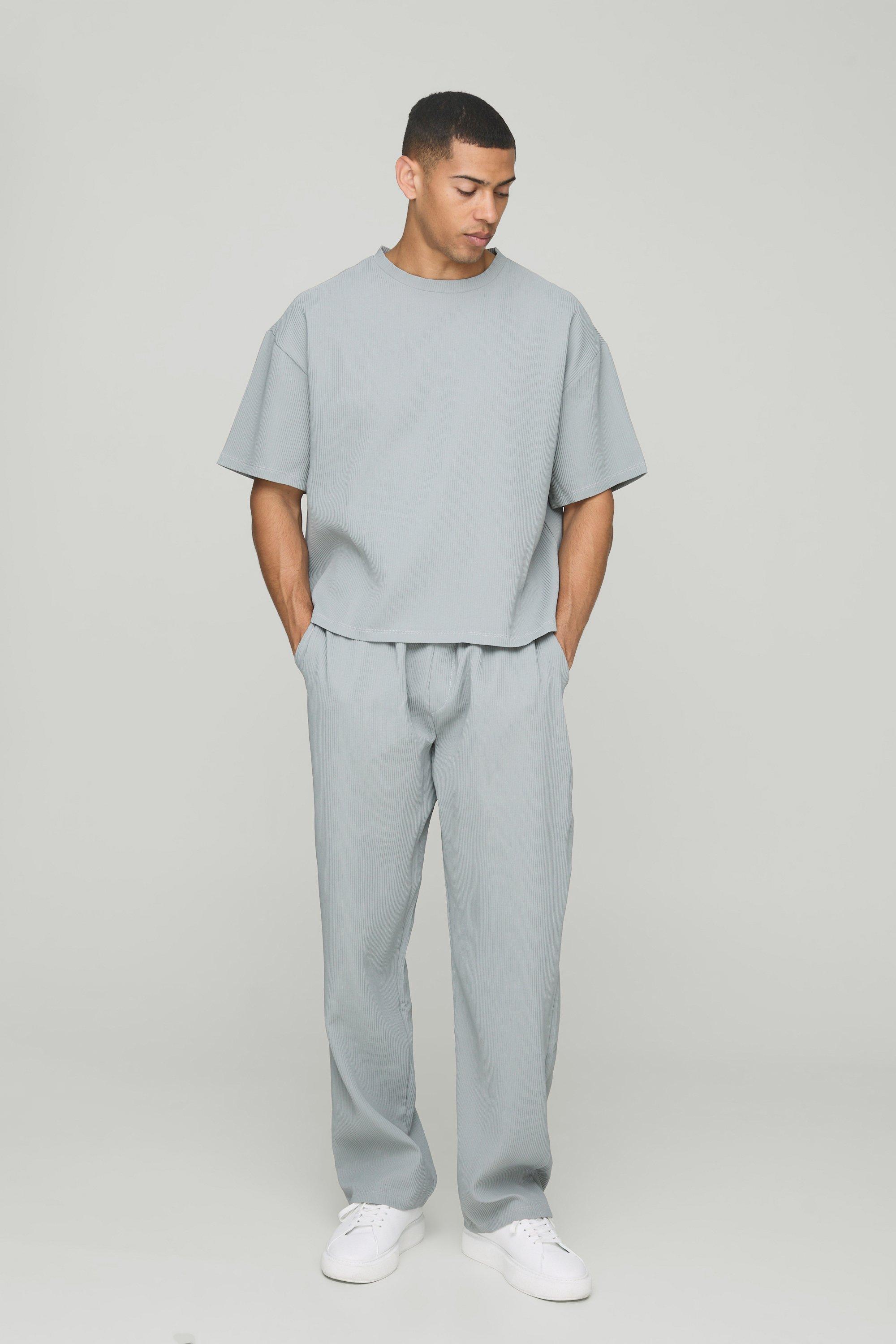 Mens Grey Pleated Oversized Boxy T-shirt & Trouser Set, Grey