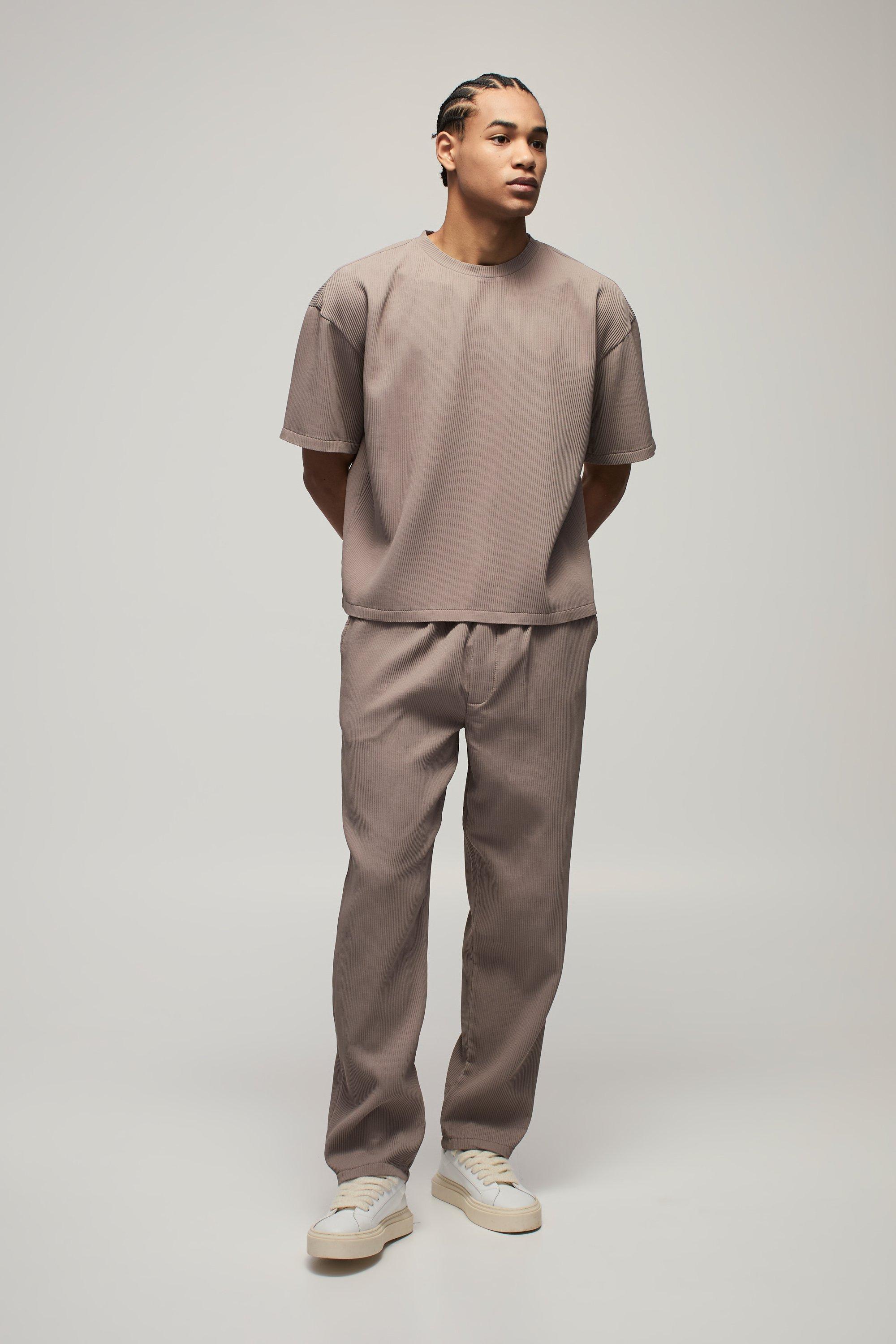 Mens Beige Pleated Oversized Boxy T-shirt & Trouser Set, Beige