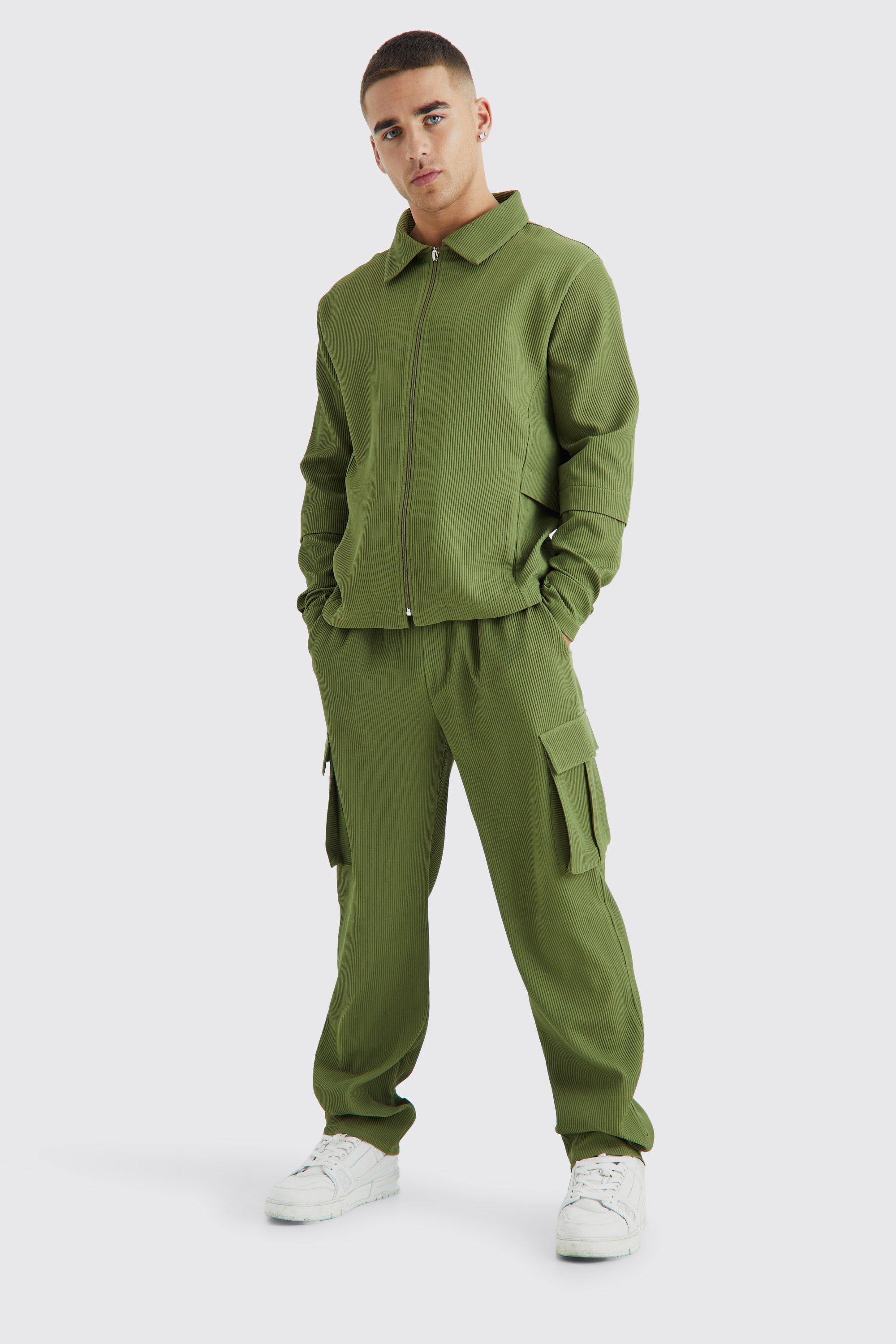 Mens Green Pleated Zip Shirt & Elasticated Straight Cargo Set, Green