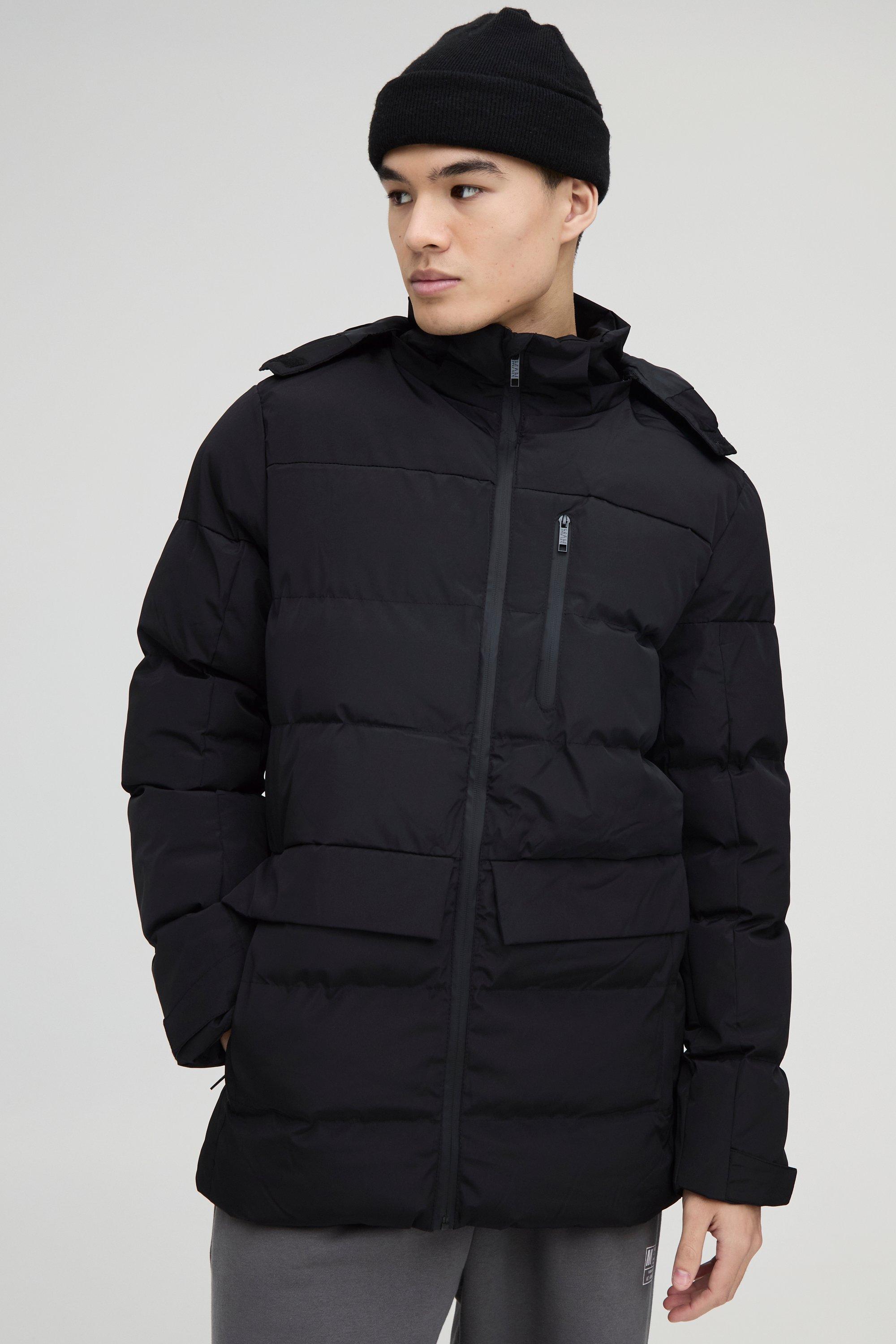 Mens Mid Length Hooded Puffer in Black, Black