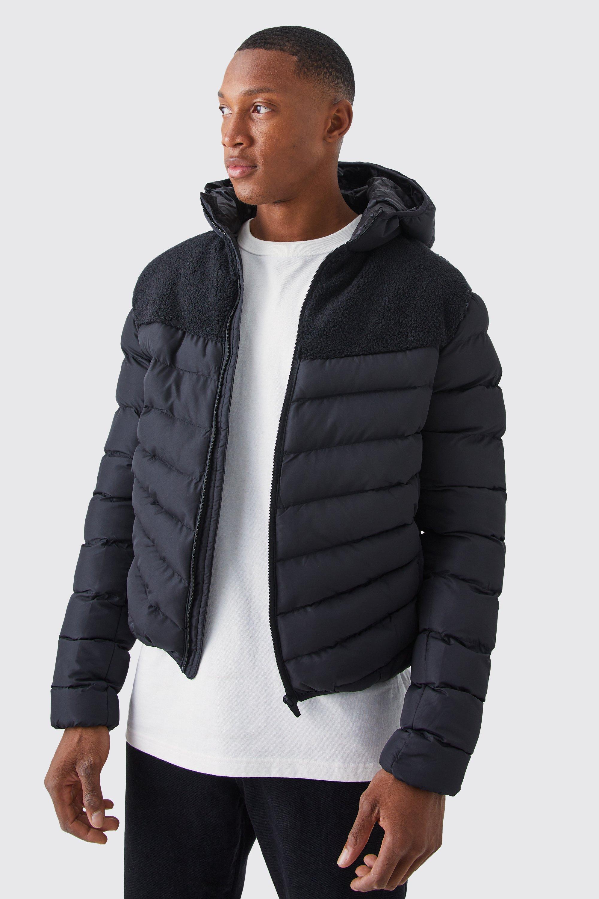 Mens Black Quilted Puffer With Contrast Borg, Black