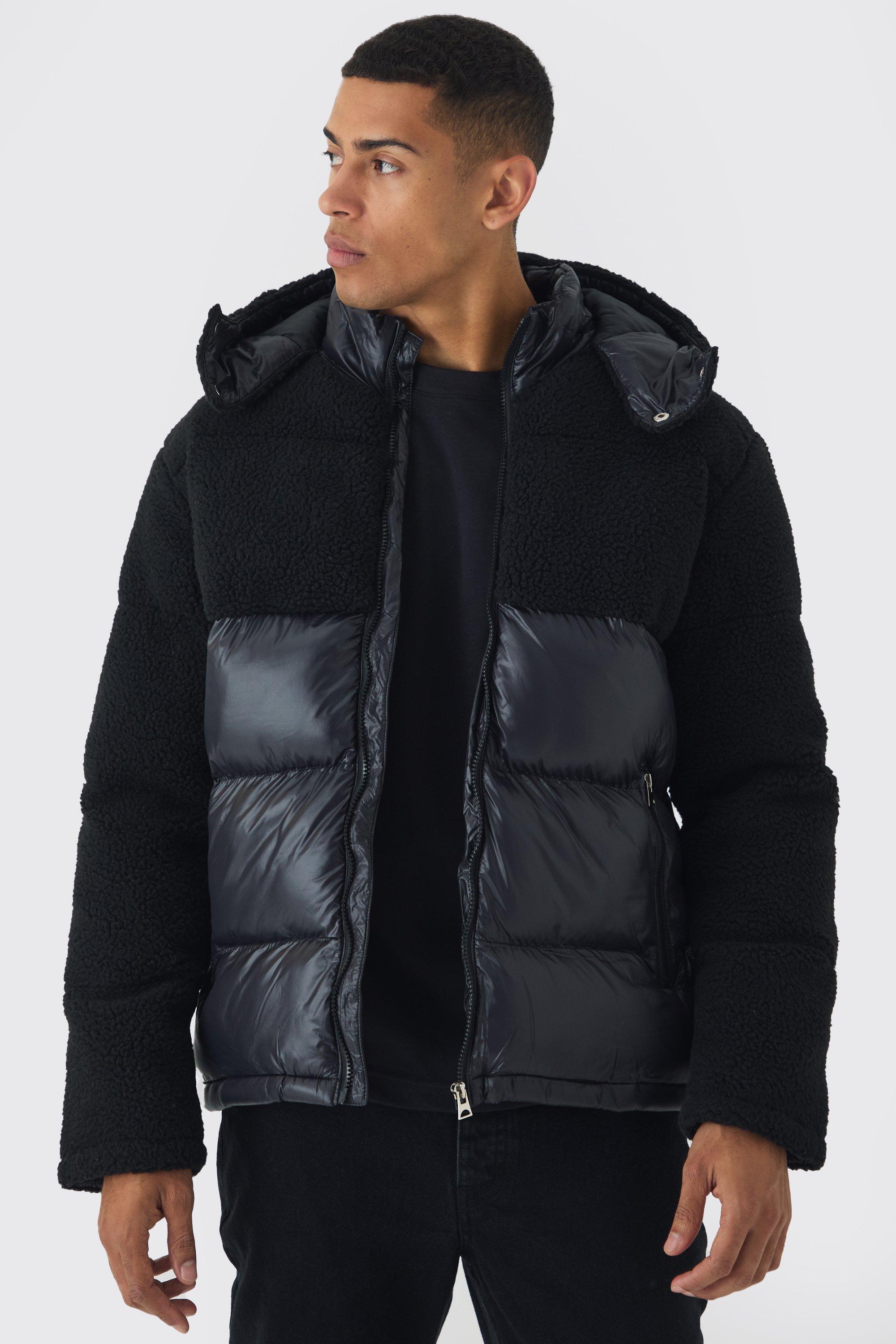Mens Borg and High Shine Hooded Puffer in Black, Black