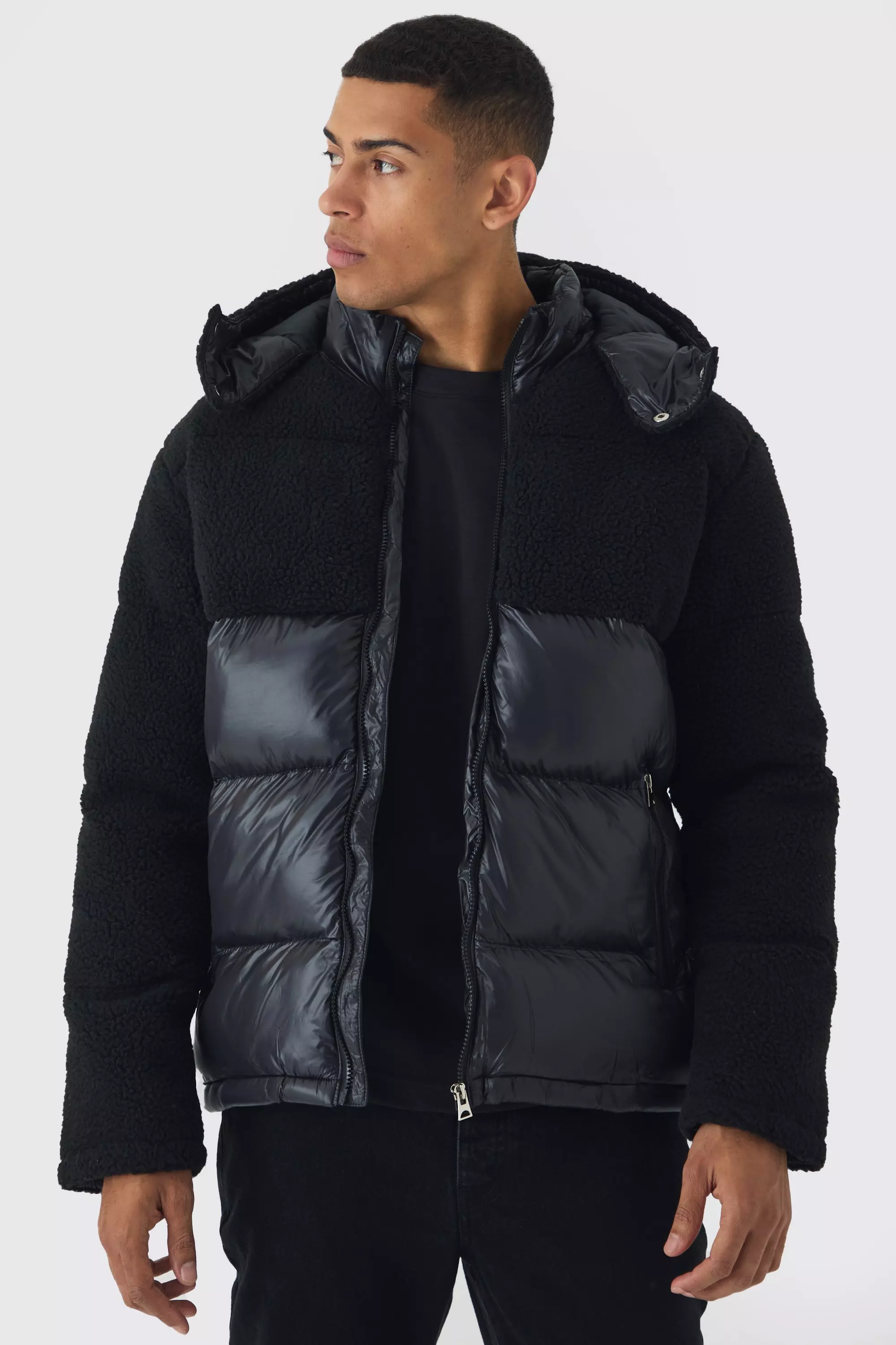 Borg and High Shine Hooded Puffer in Black