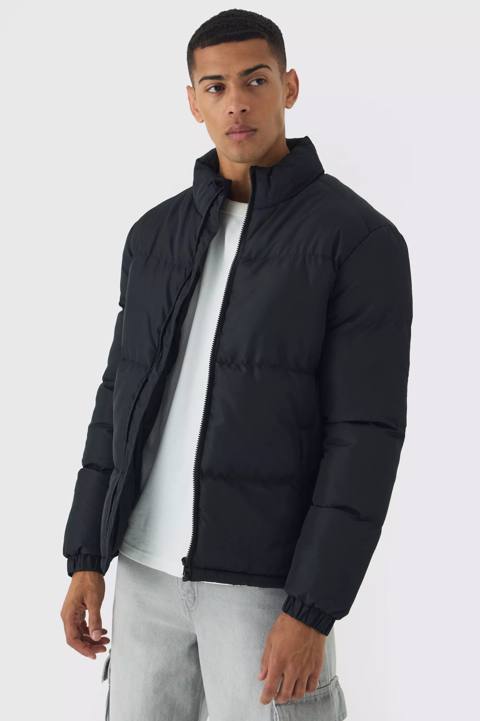 Black puffer jacket with cheap funnel neck