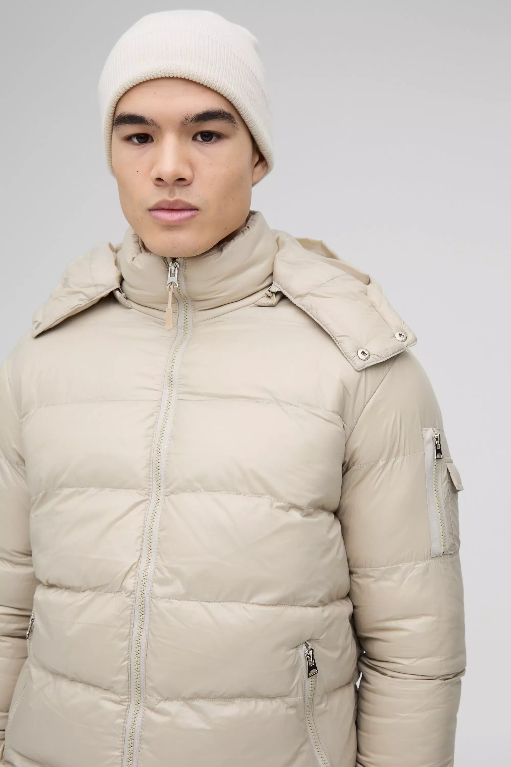 High Shine Padded Puffer Jacket in Stone