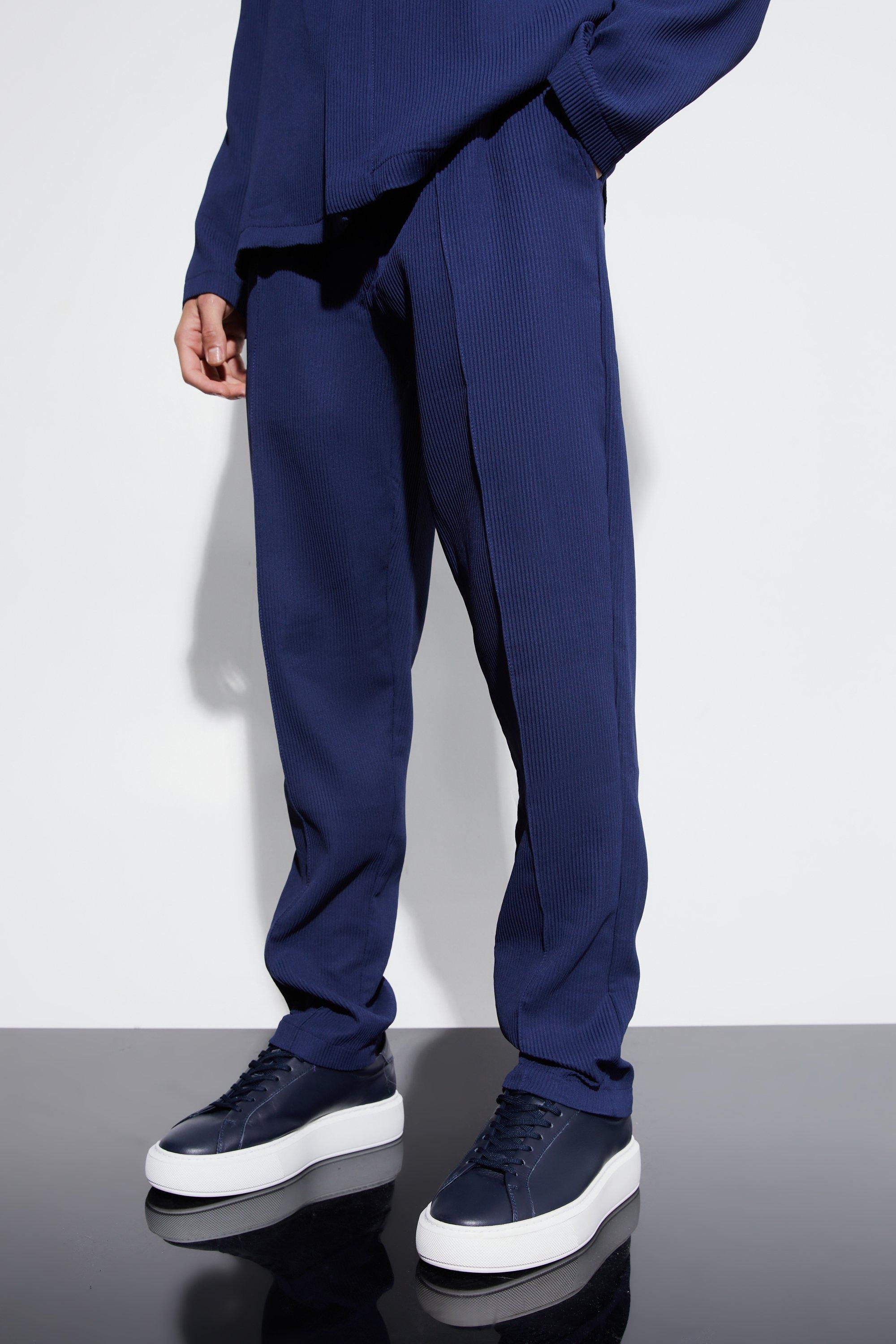Mens Navy Pleated Tapered Elasticated Waistband Trouser, Navy