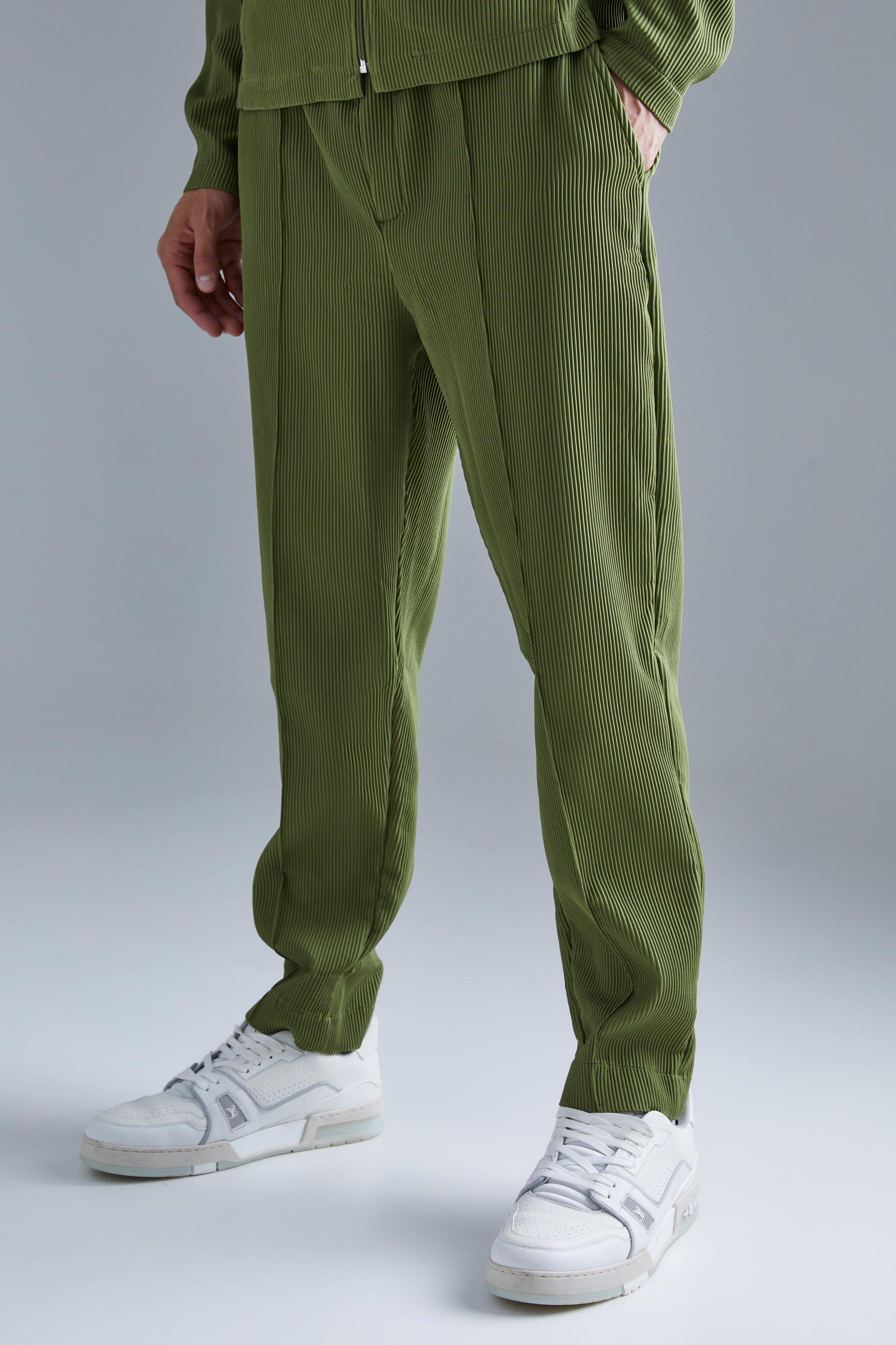 Mens Green Pleated Tapered Elasticated Waistband Trouser, Green