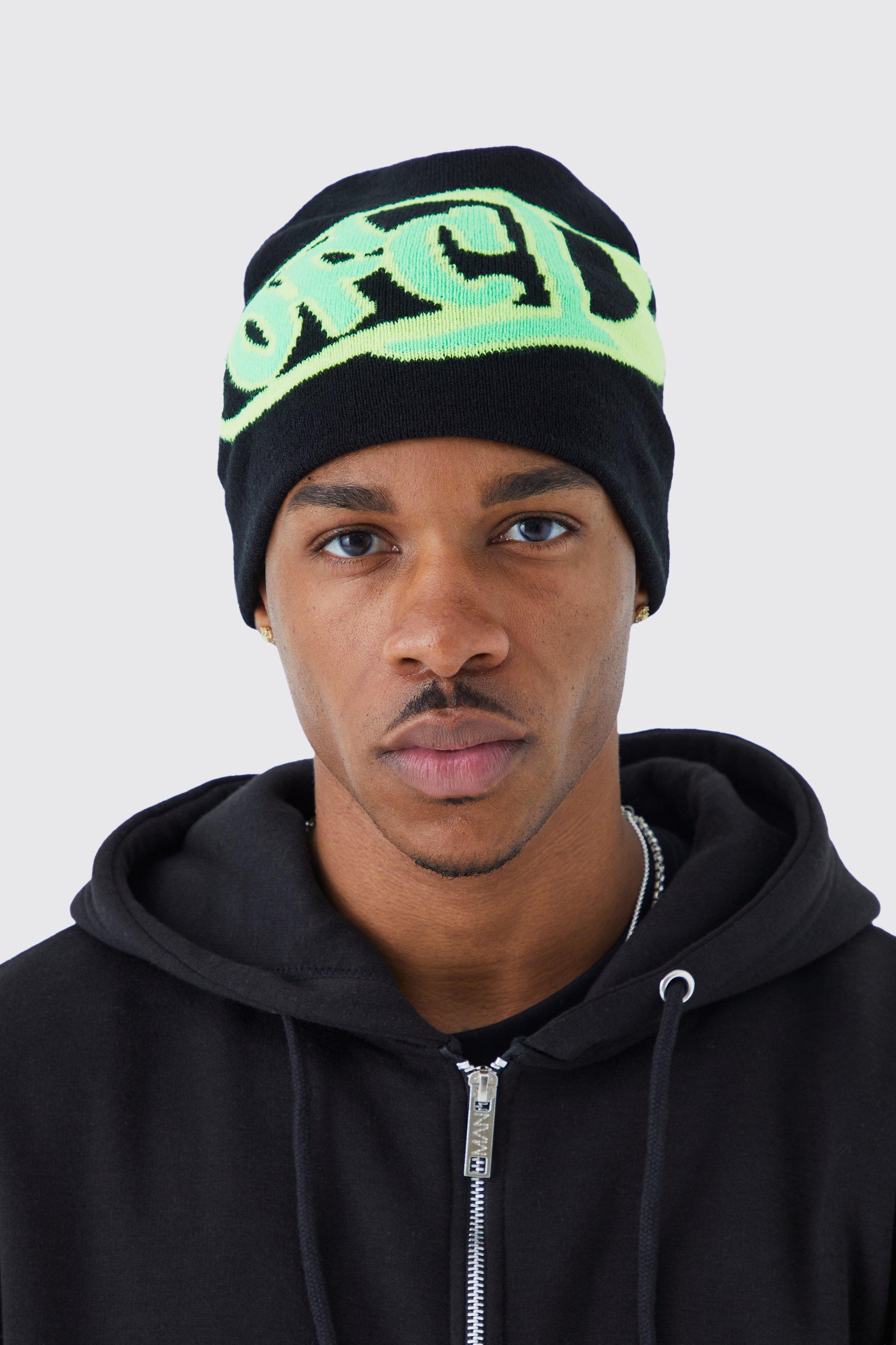 Mens Black Ofcl Logo Intarsia Knit Beanie, Black