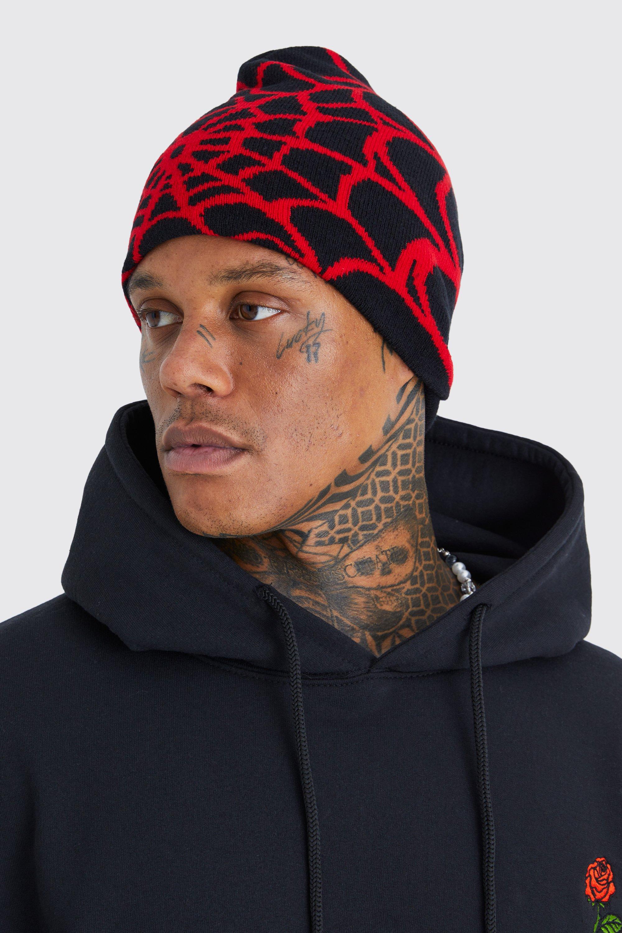 Mens Black Spiderweb Graphic Beanie, Black