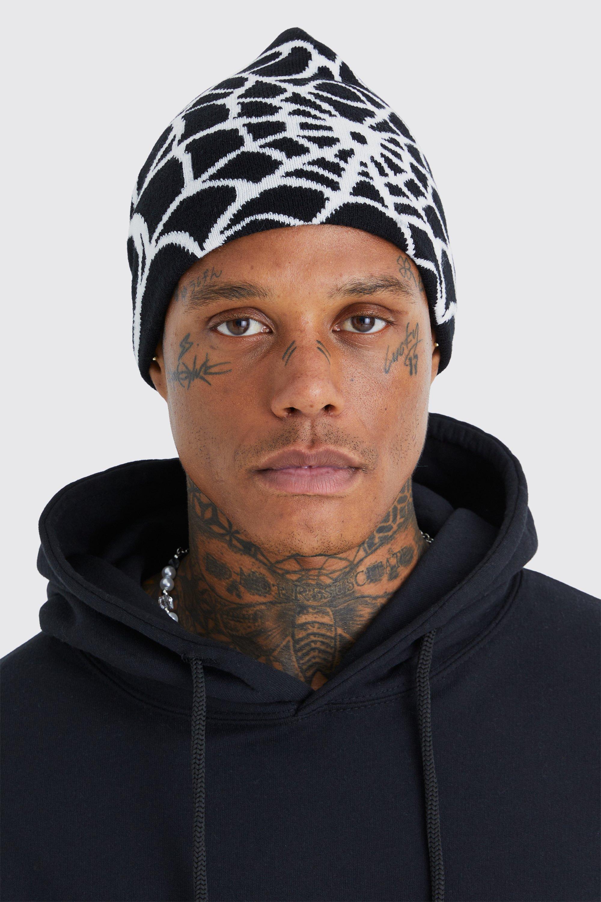 Mens Black Spiderweb Graphic Beanie, Black