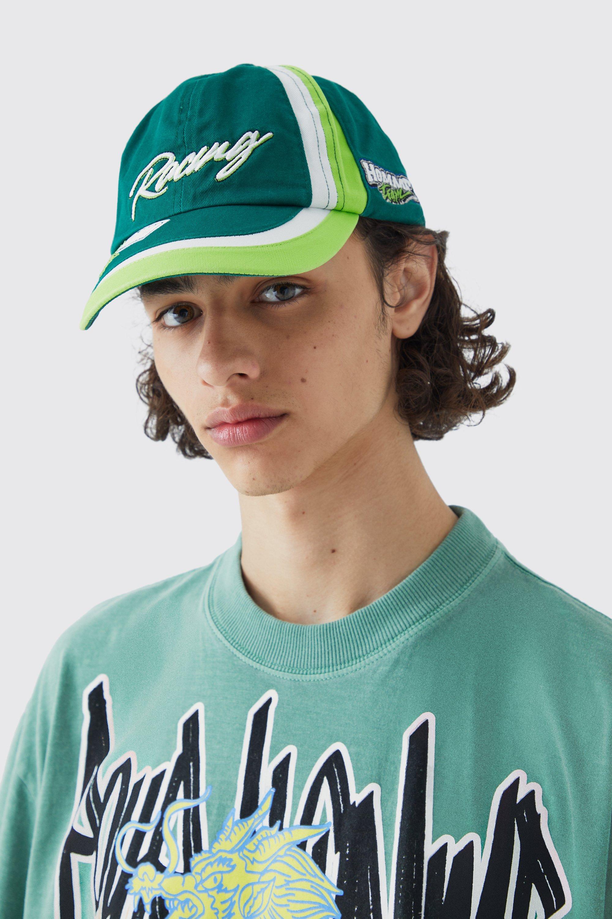 Mens Green Moto Badge Washed Cap, Green