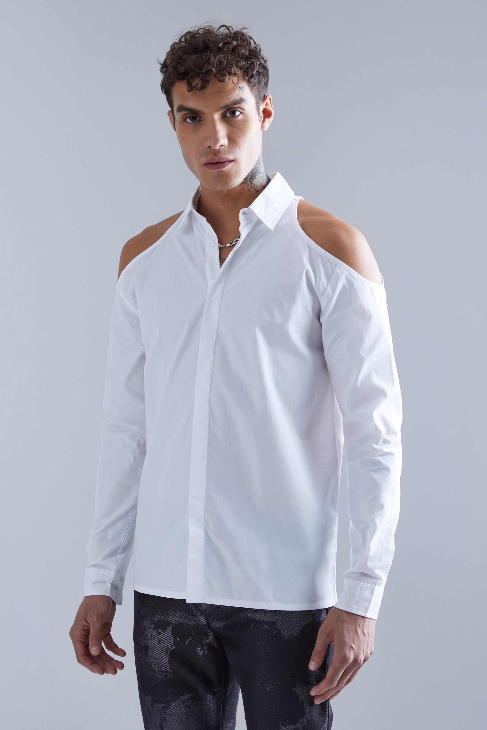 Mens White Concealed Placket Shoulder Cut Out Shirt, White