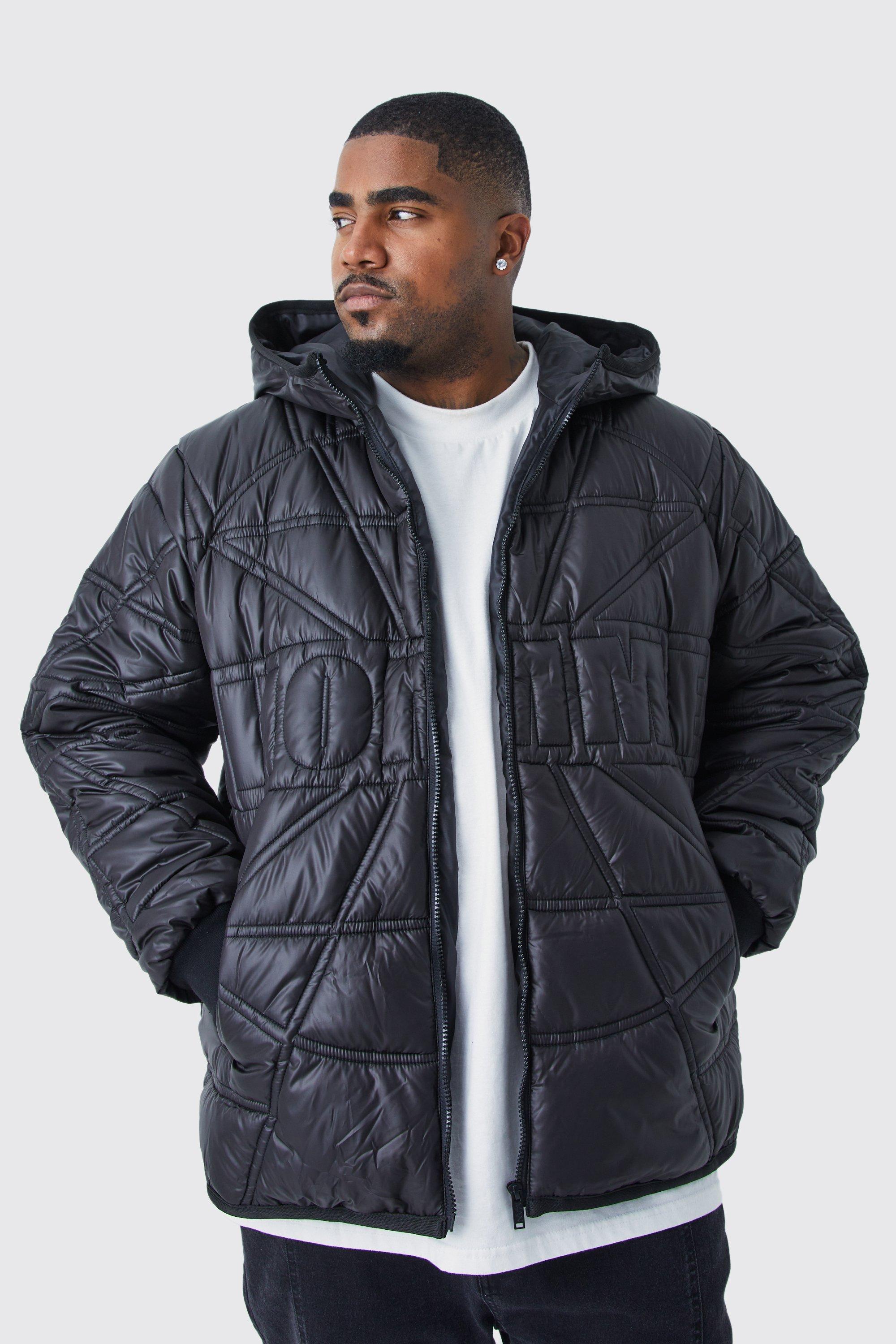 Mens Black Plus Homme Quilted Puffer With Hood, Black