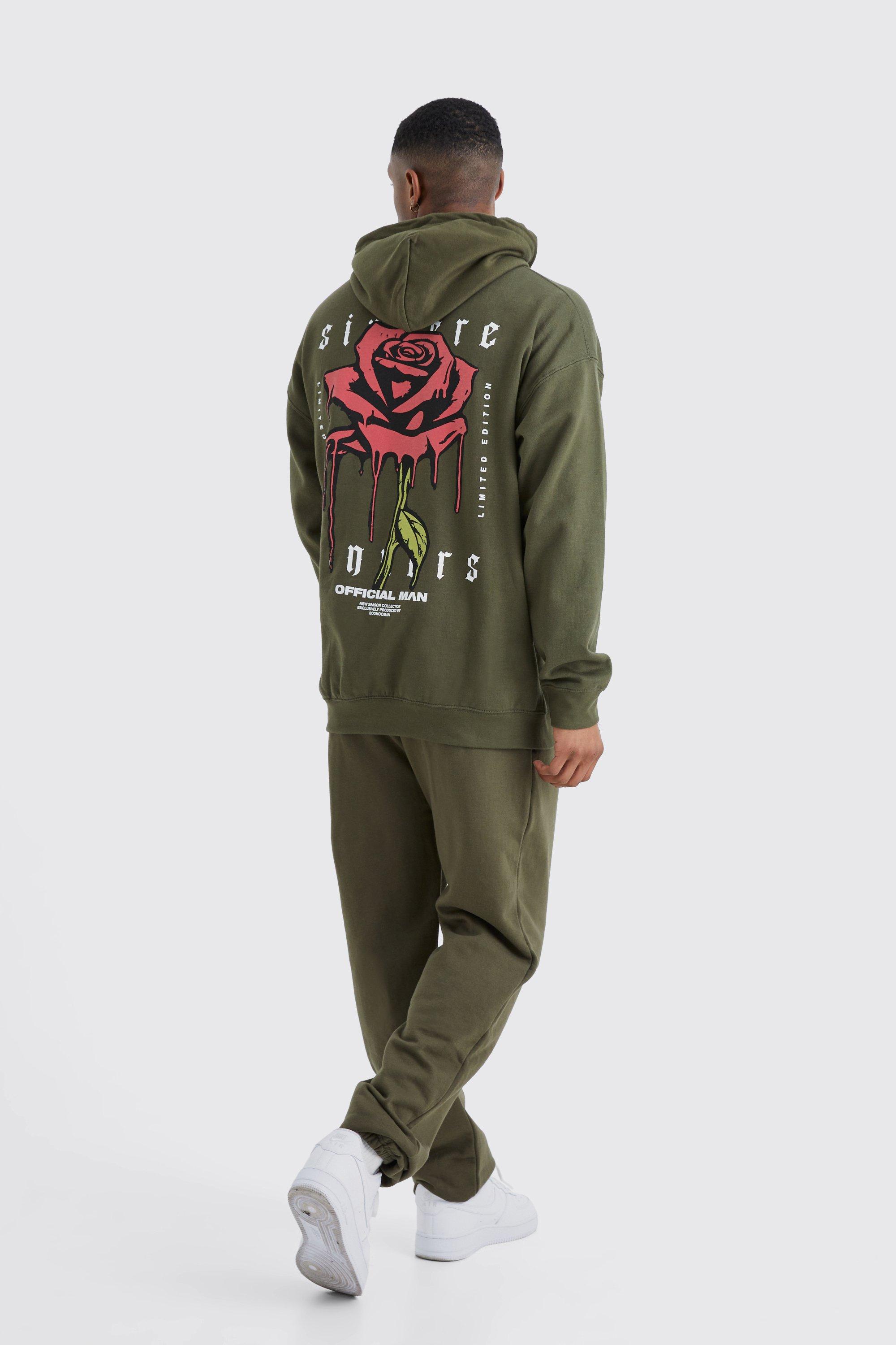 Mens Green Rose Drip Graphic Hooded Tracksuit, Green