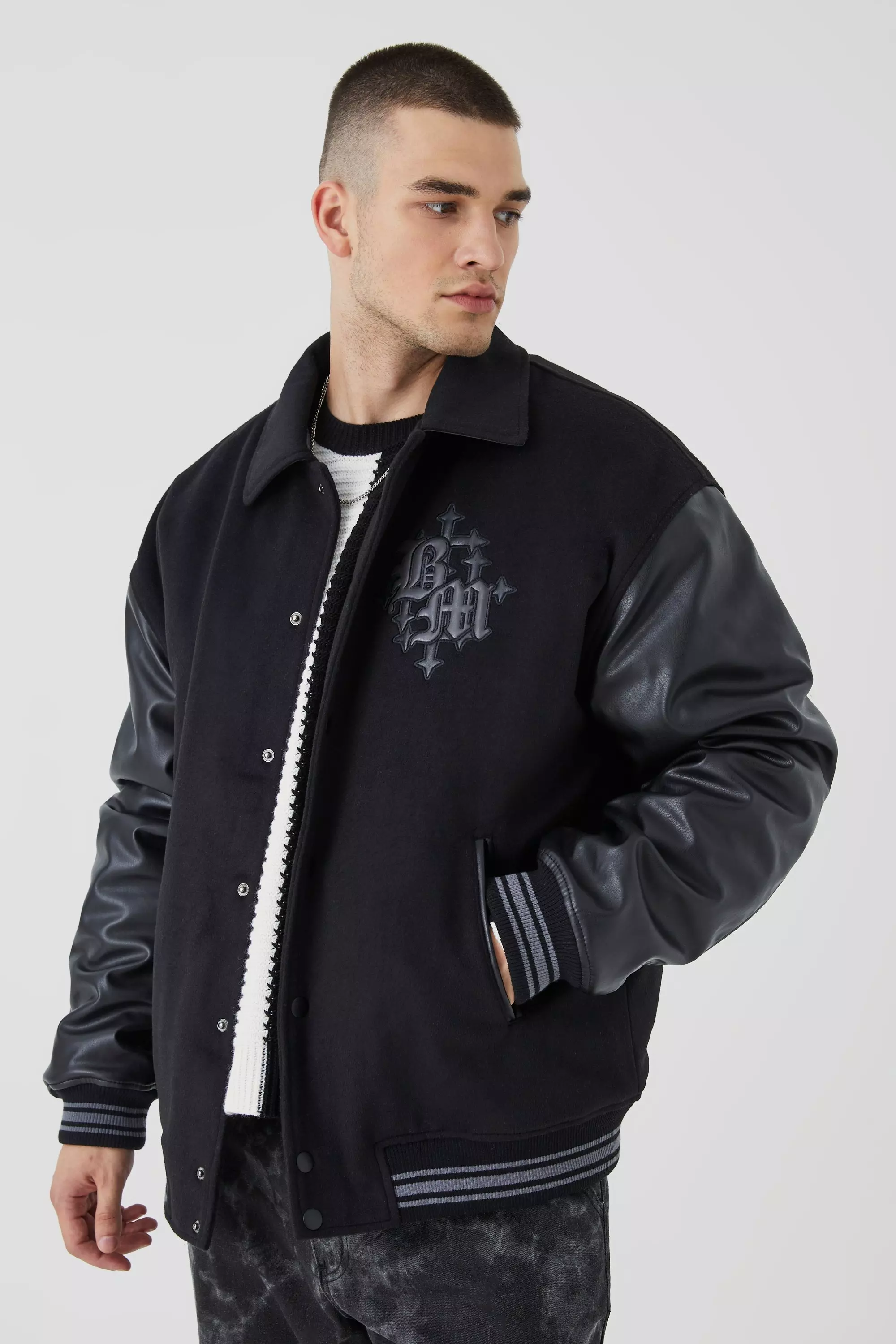 Tall Bm Melton & Pu Collared Varsity Jacket | boohooMAN USA