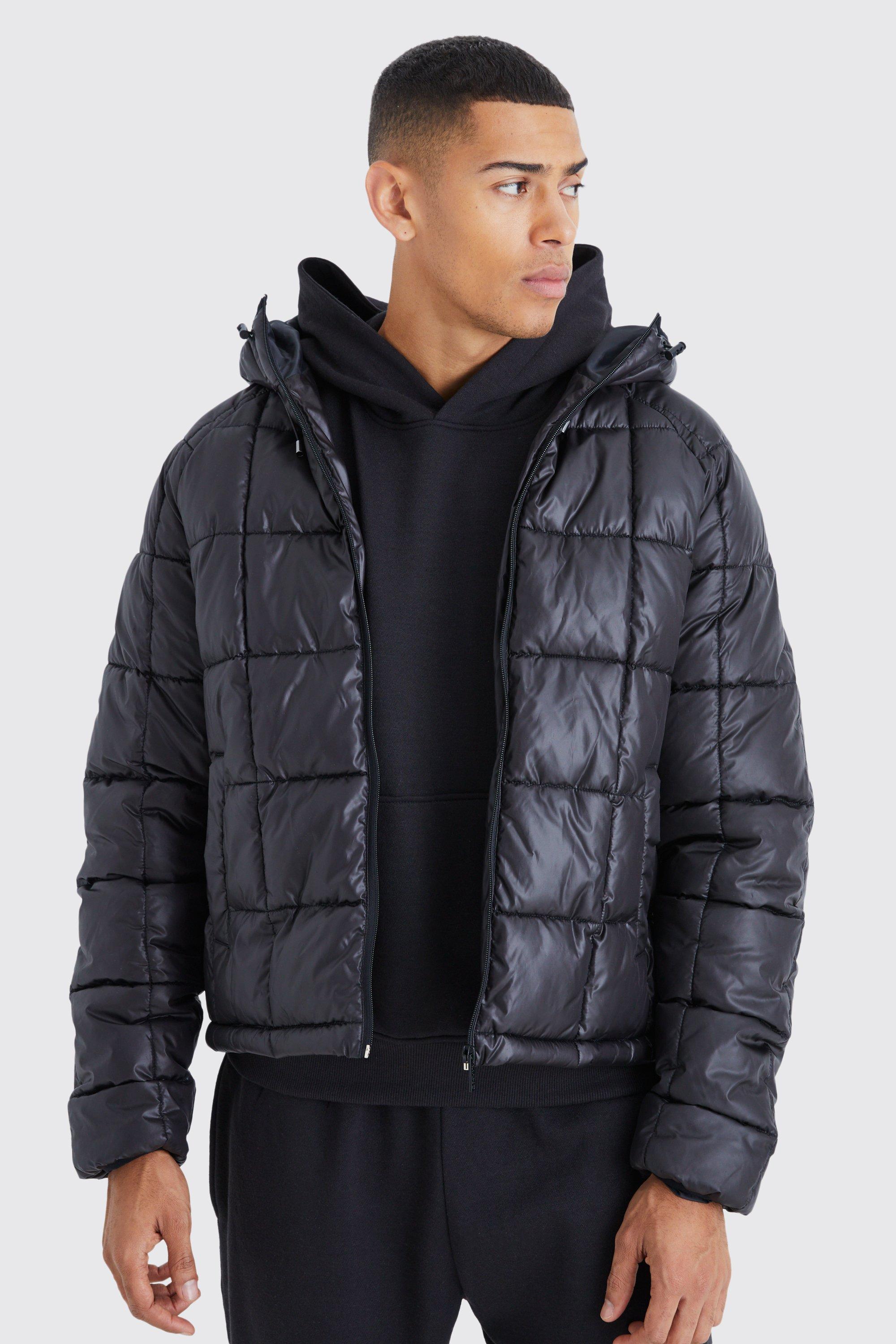 Mens Black Boxy Square Quilted Puffer With Hood, Black