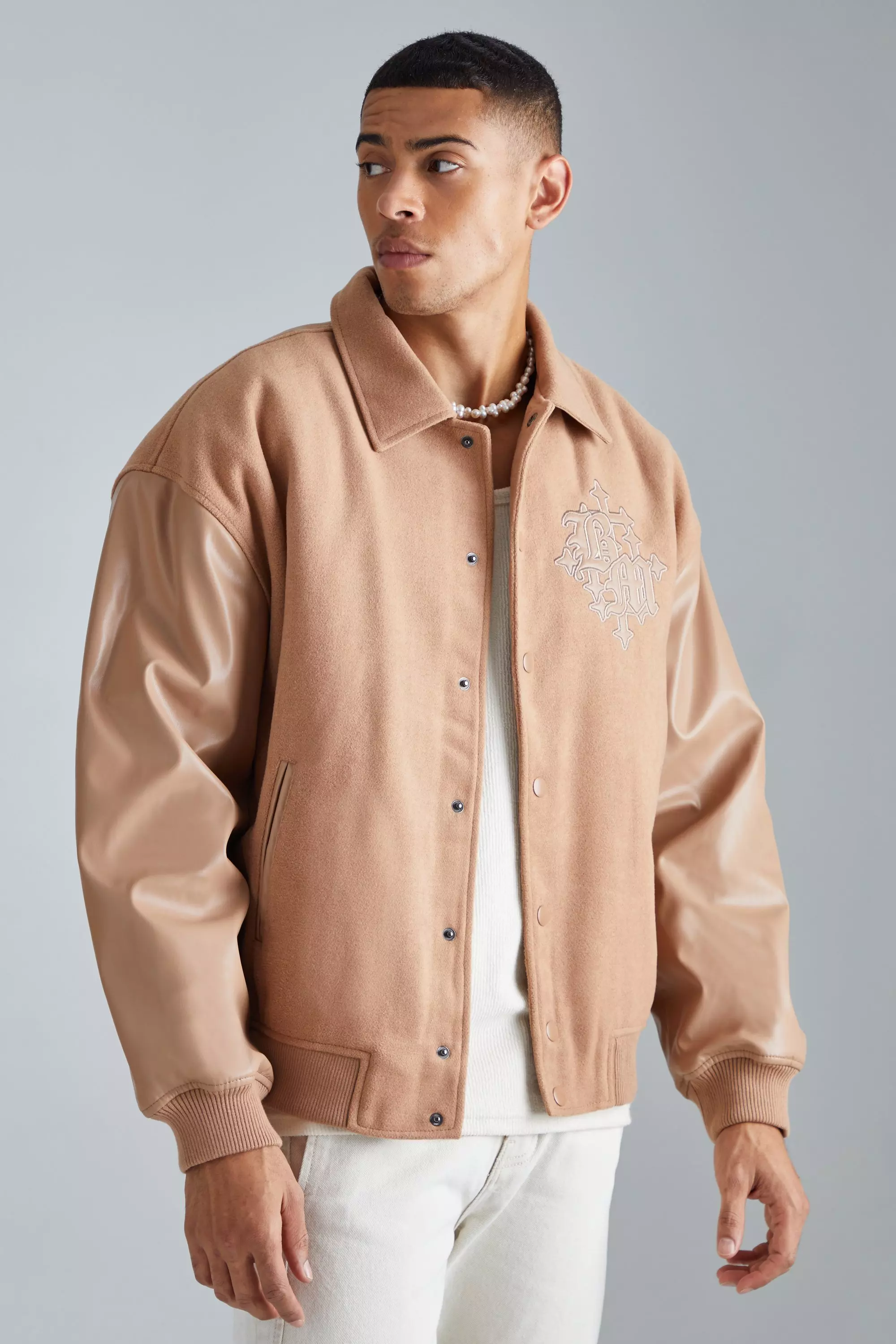 Bm Melton & Pu Collared Varsity Jacket